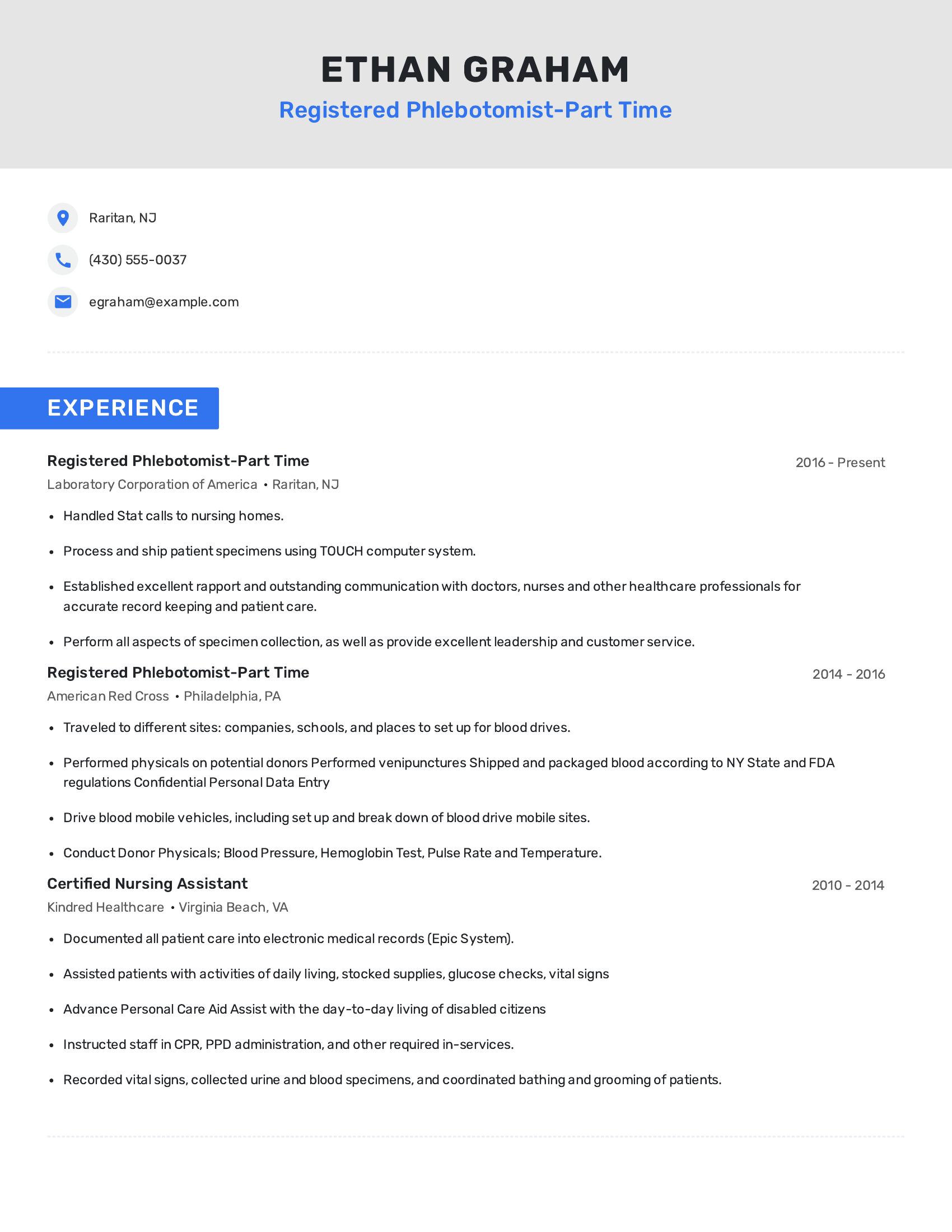 Registered Phlebotomist-Part Time resume example