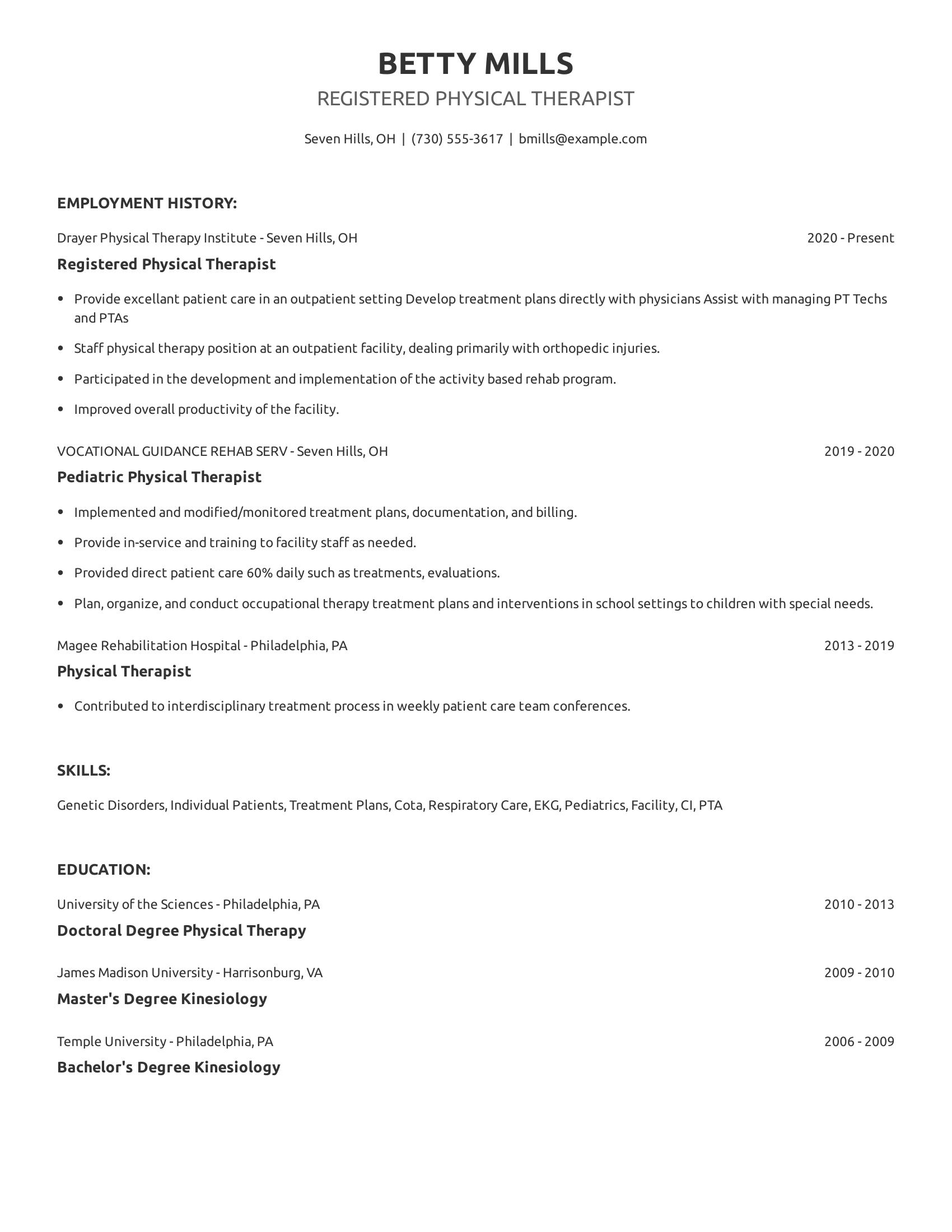 Registered Physical Therapist resume example