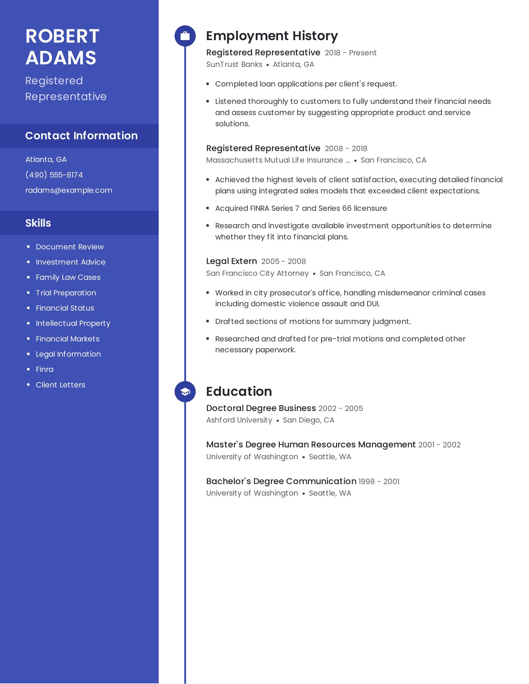 Registered Representative resume example