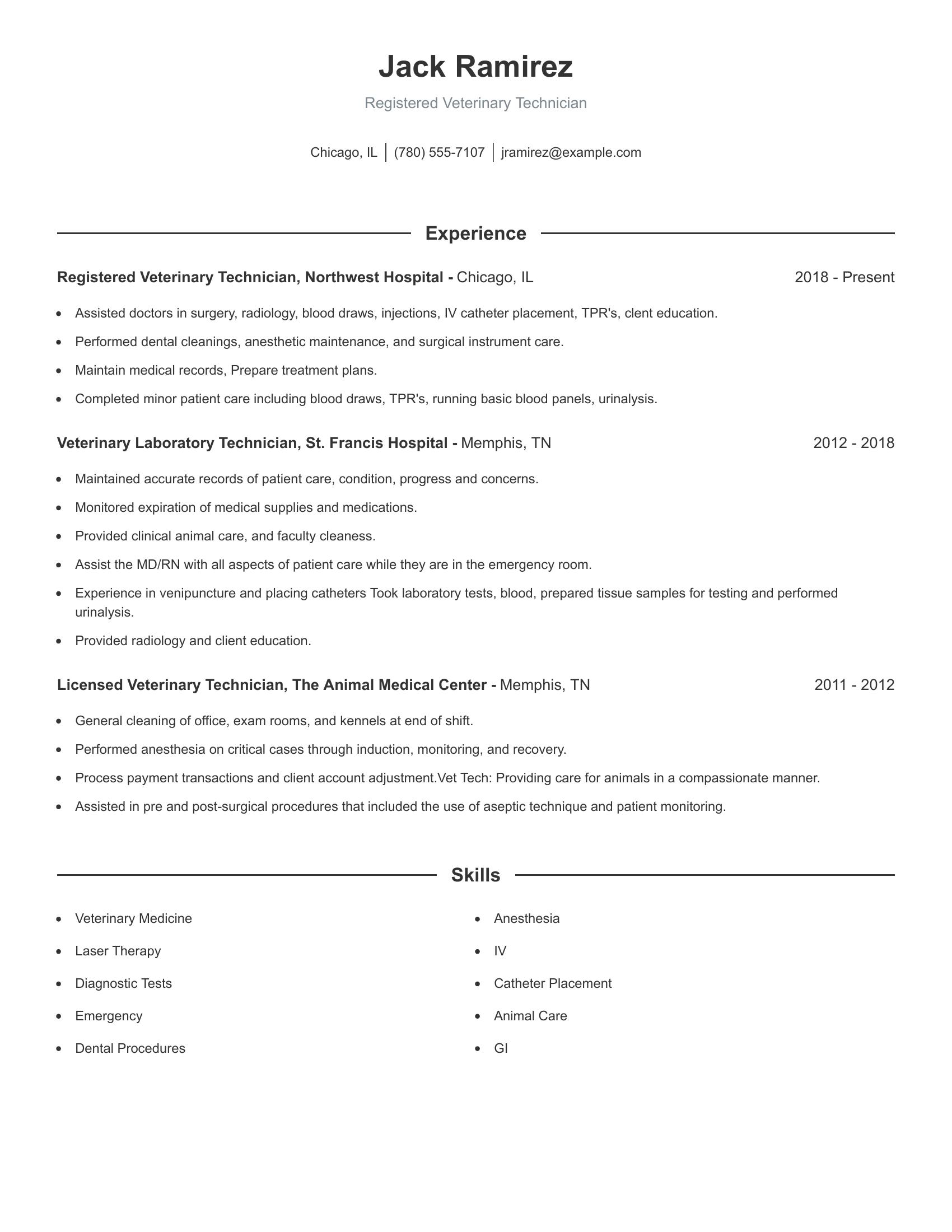 Registered Veterinary Technician resume example