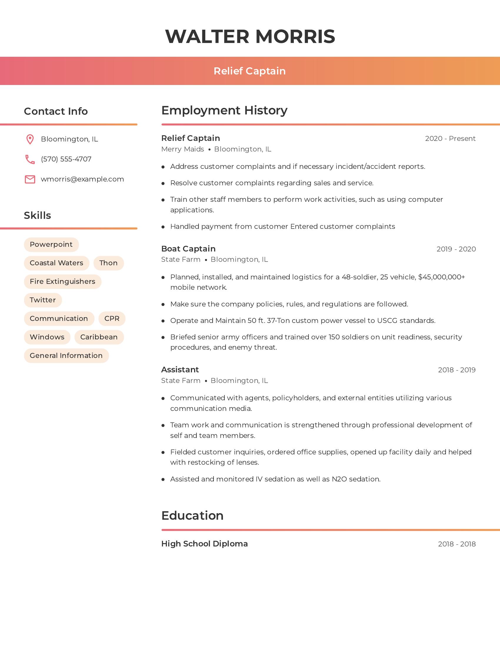 Relief Captain resume example