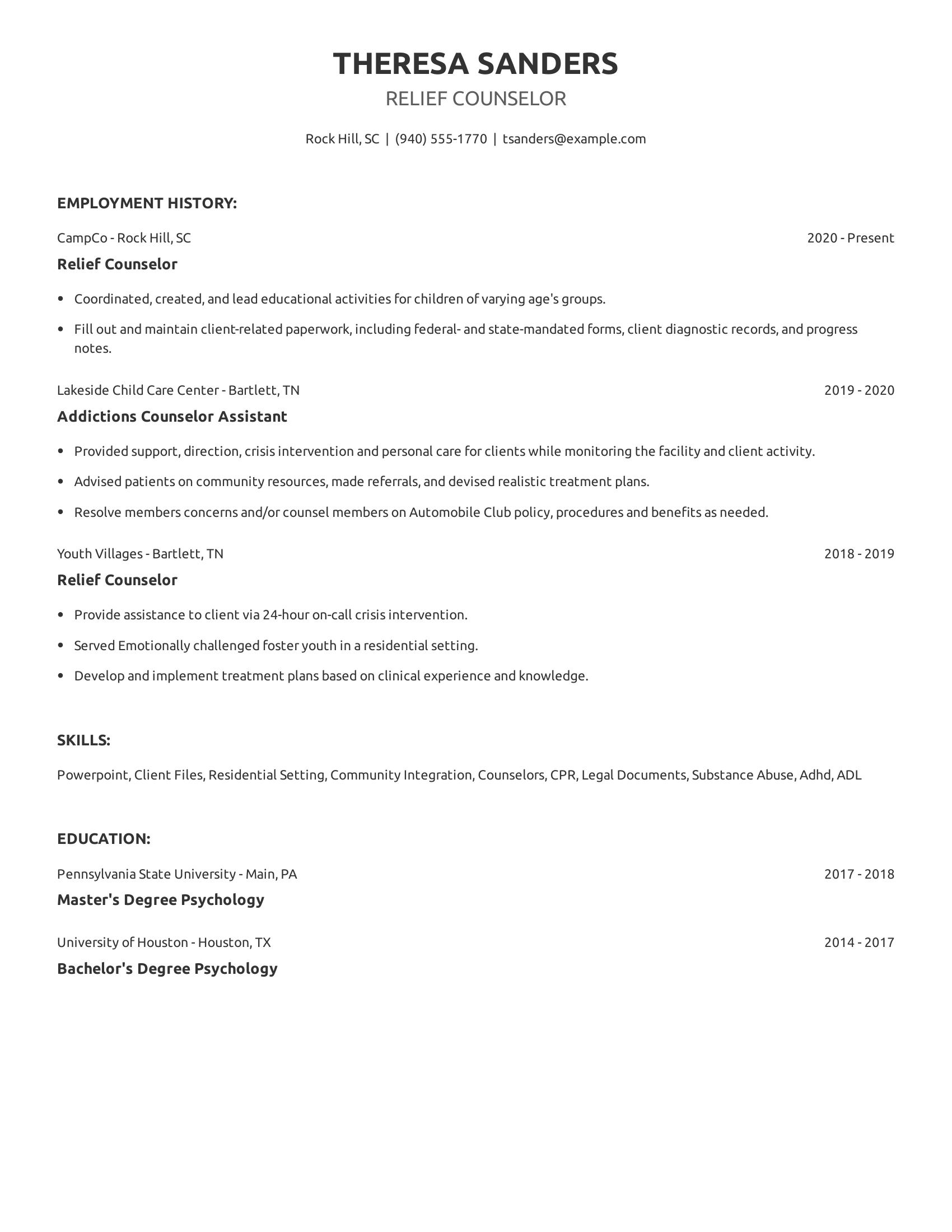 Relief Counselor resume example