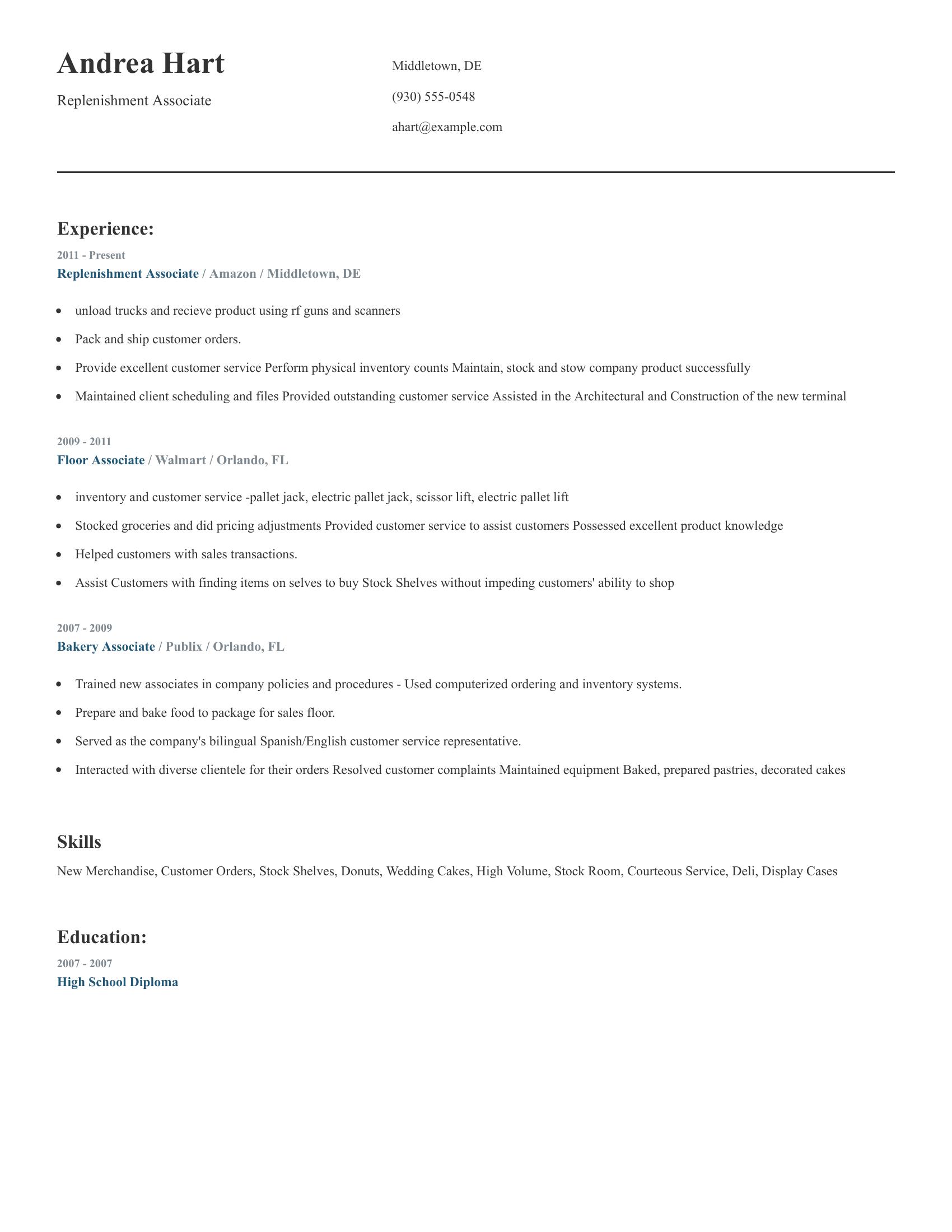 Replenishment Associate resume example