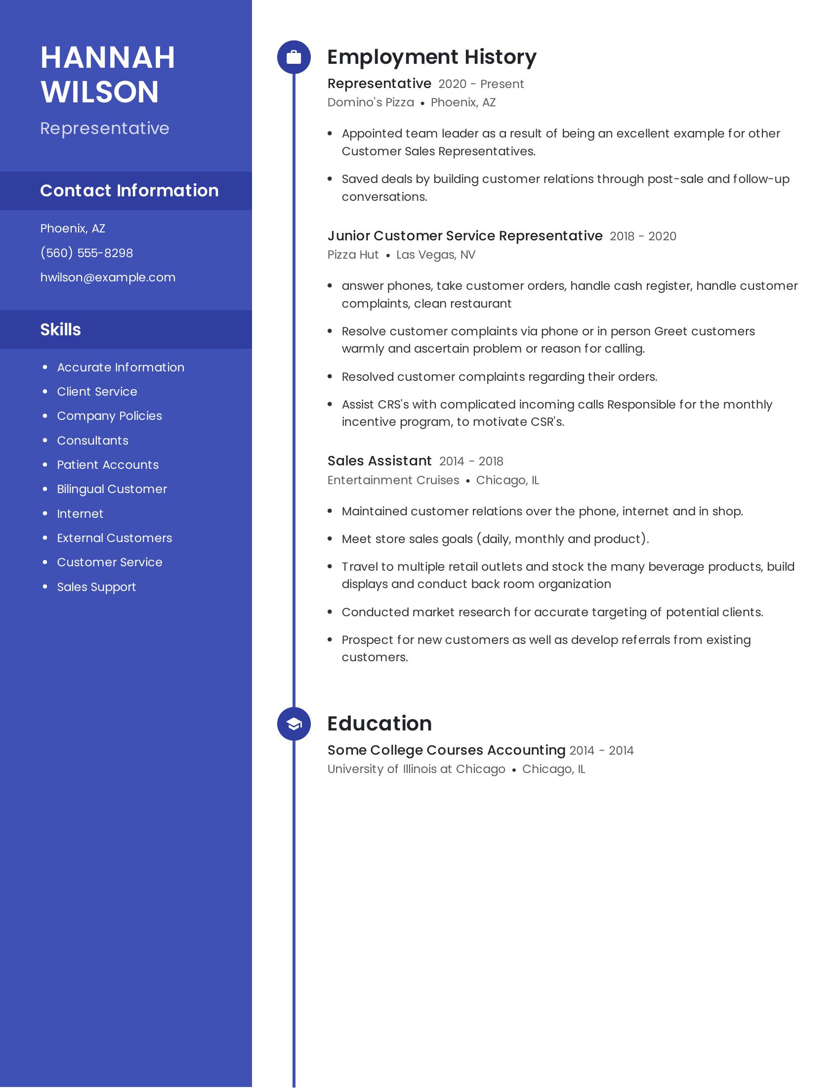 Representative resume example