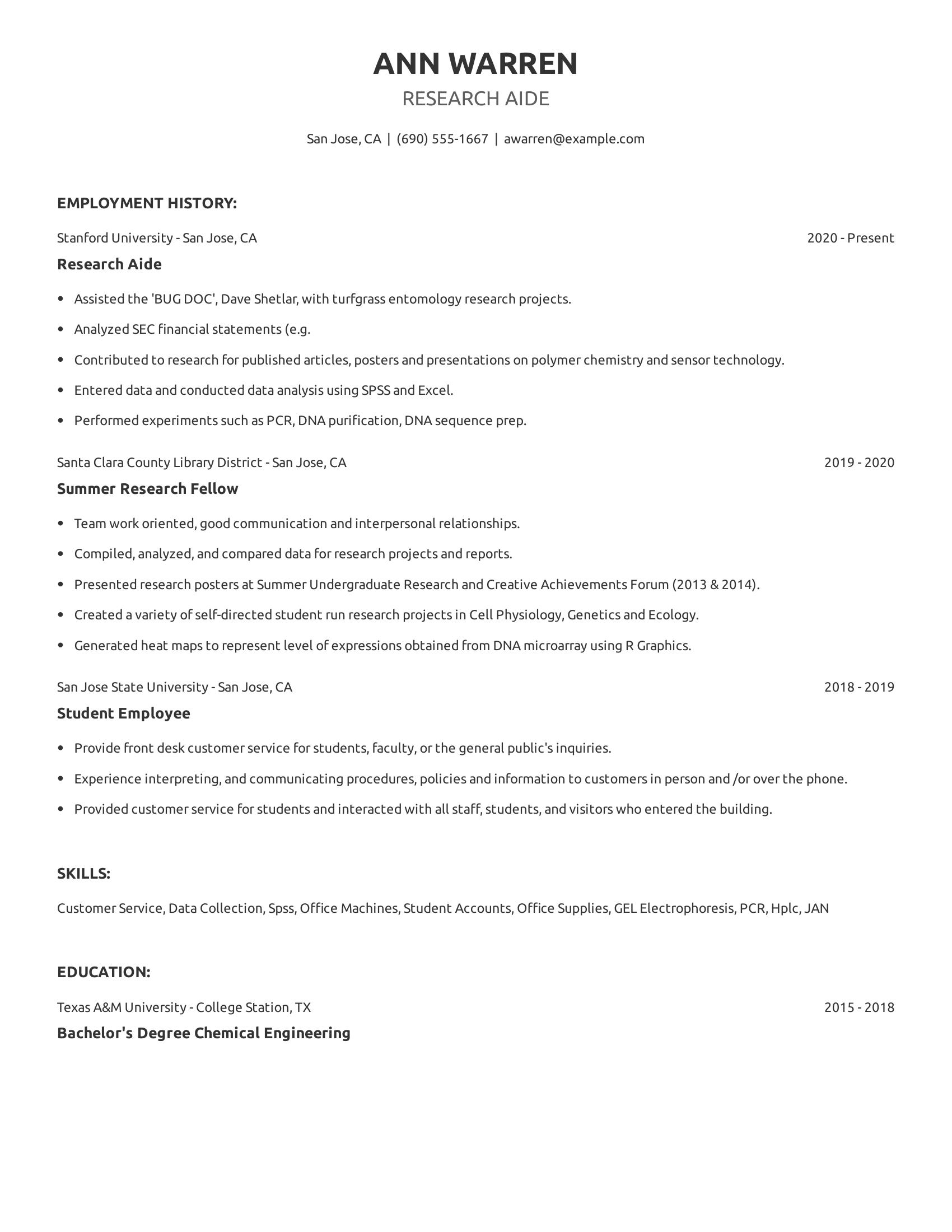 Research Aide resume example