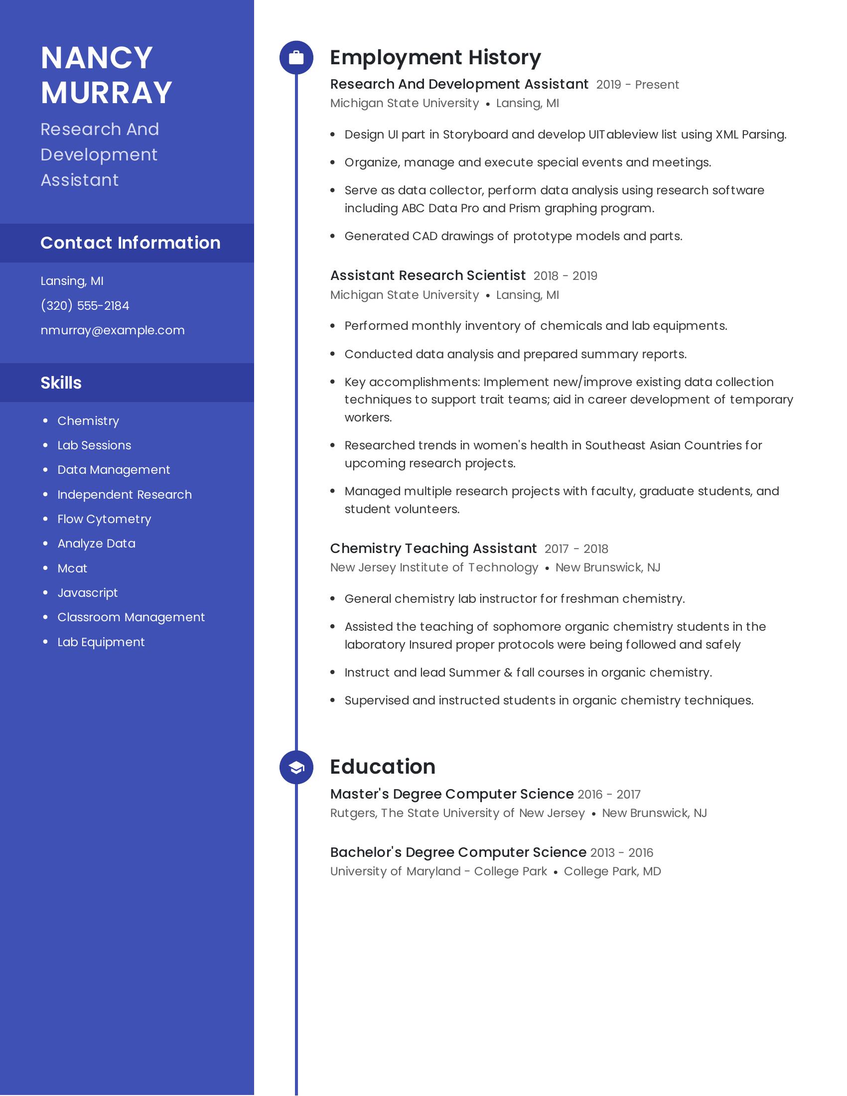 Research And Development Assistant resume example