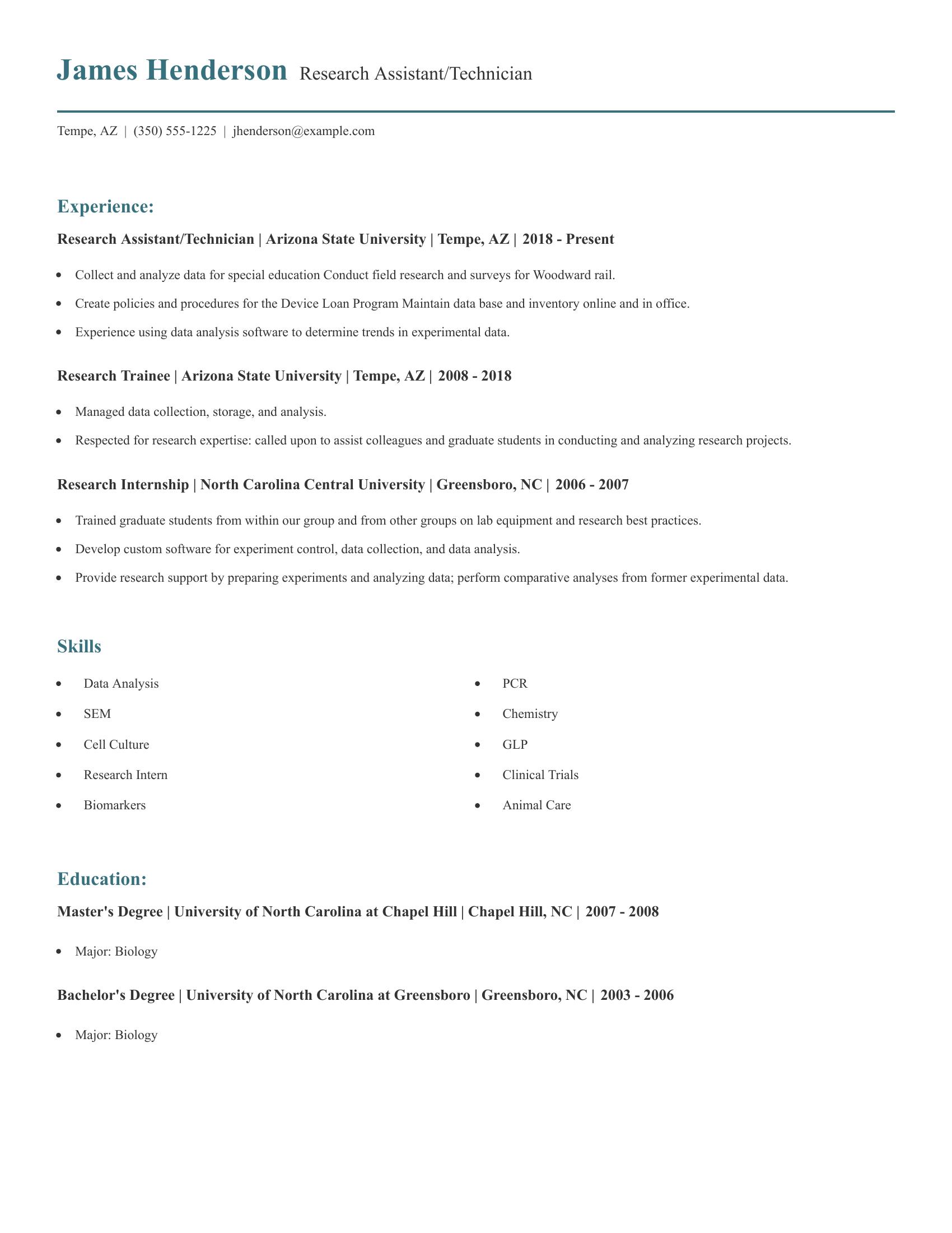 Research Assistant/Technician resume example