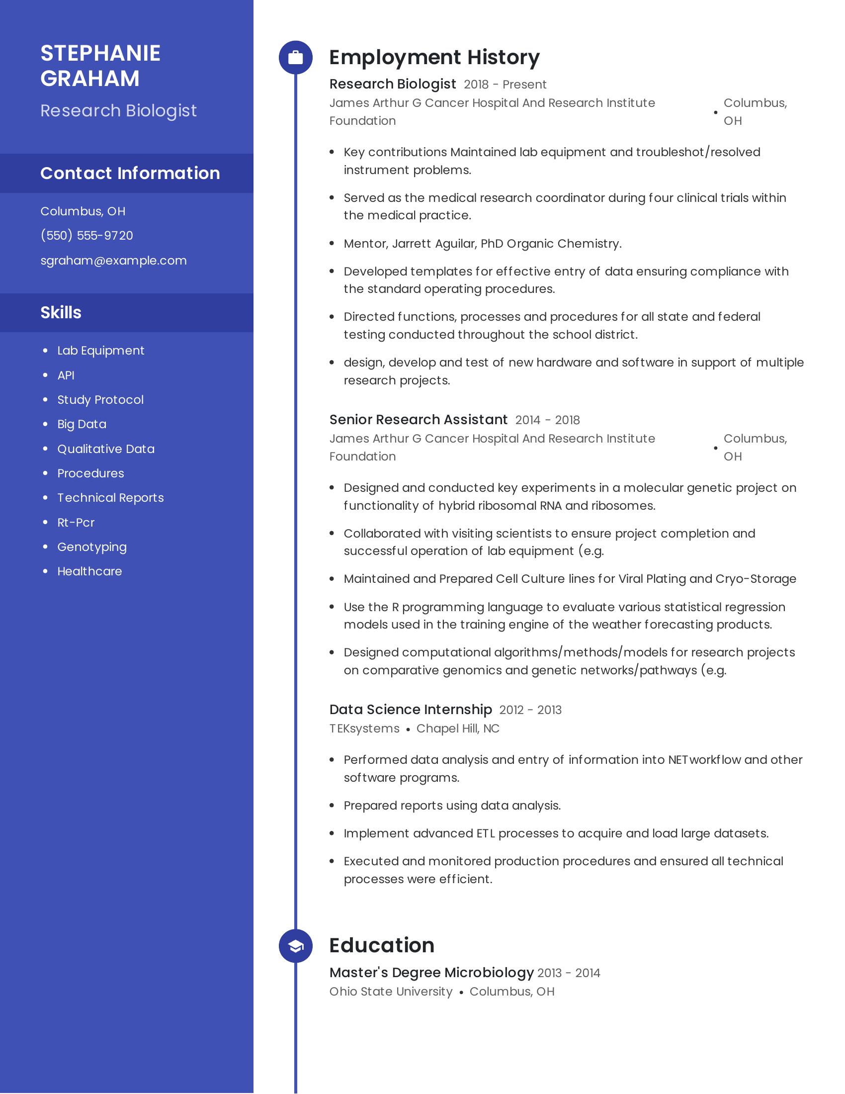 Research Biologist resume example