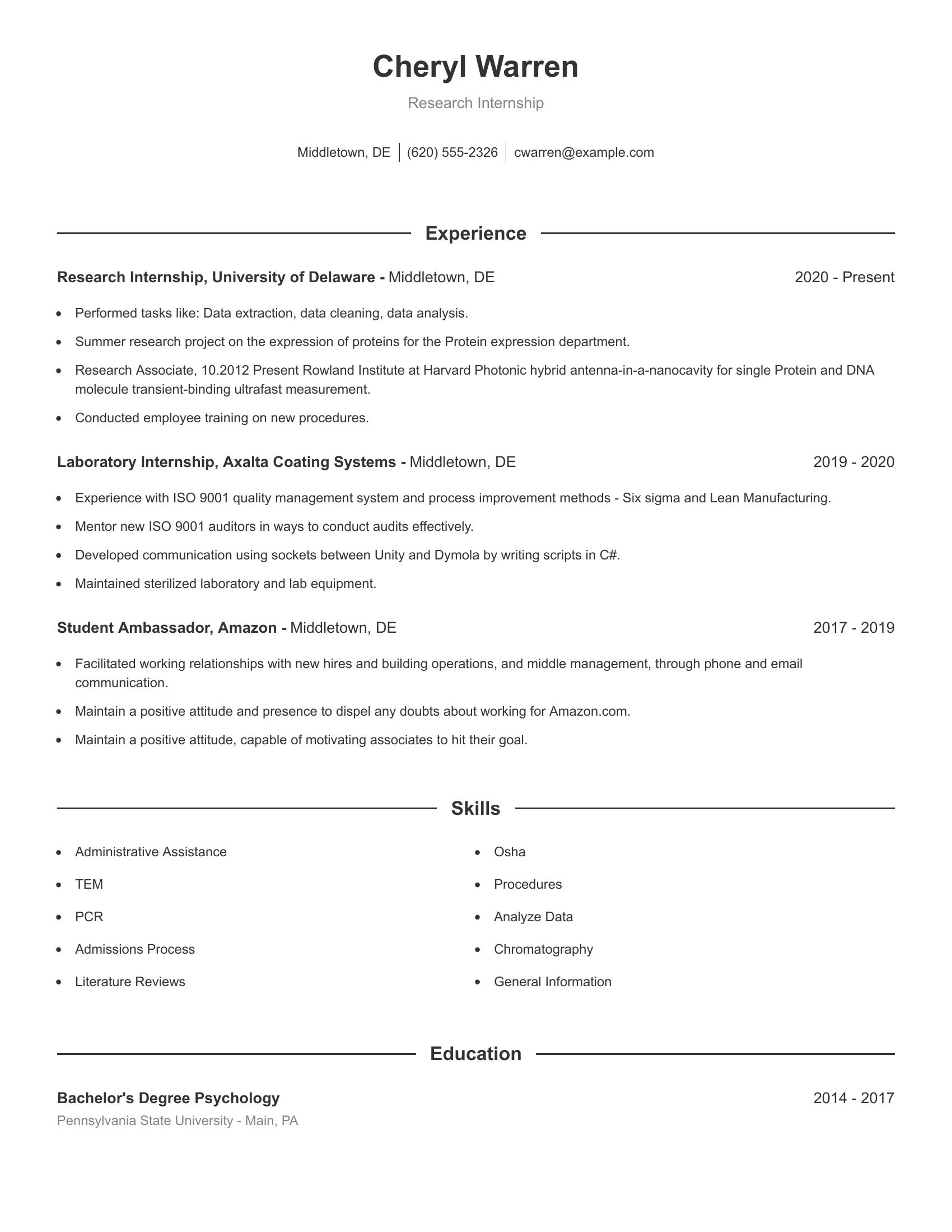 Research Internship resume example