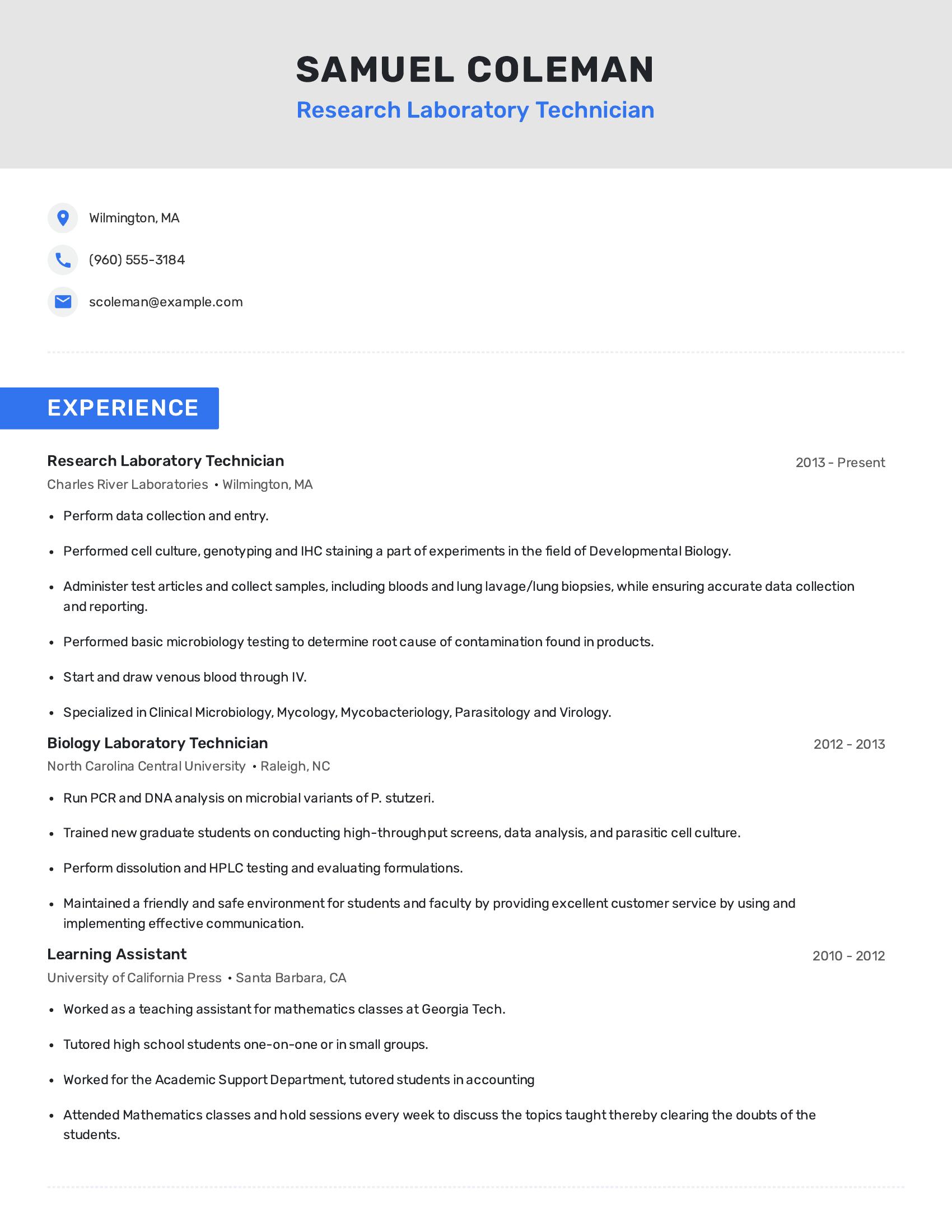 Research Laboratory Technician resume example