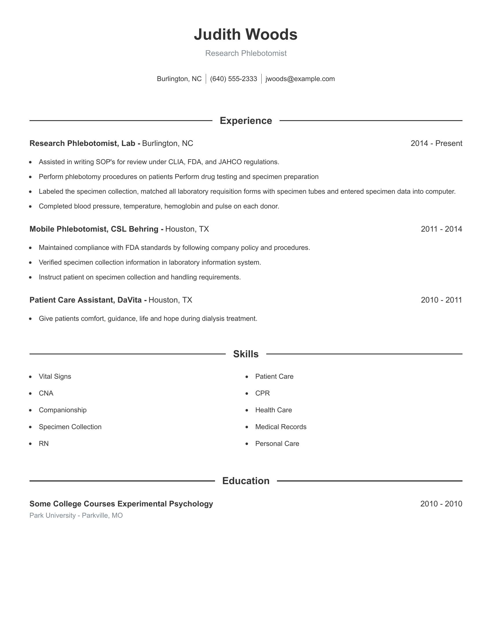 Research Phlebotomist resume example