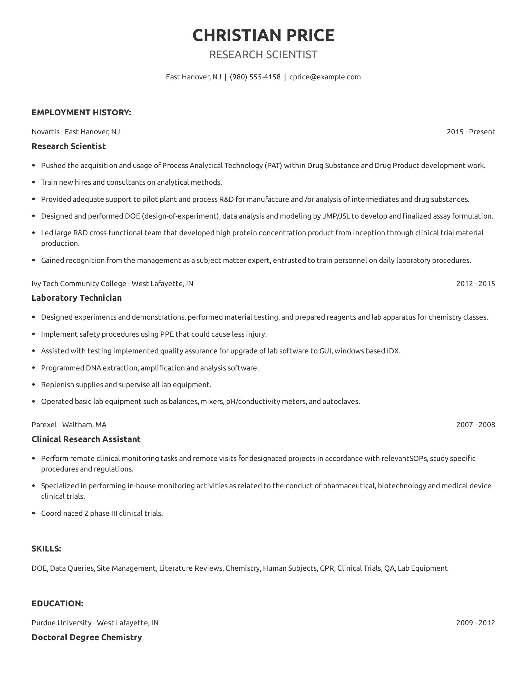 Research Scientist resume example