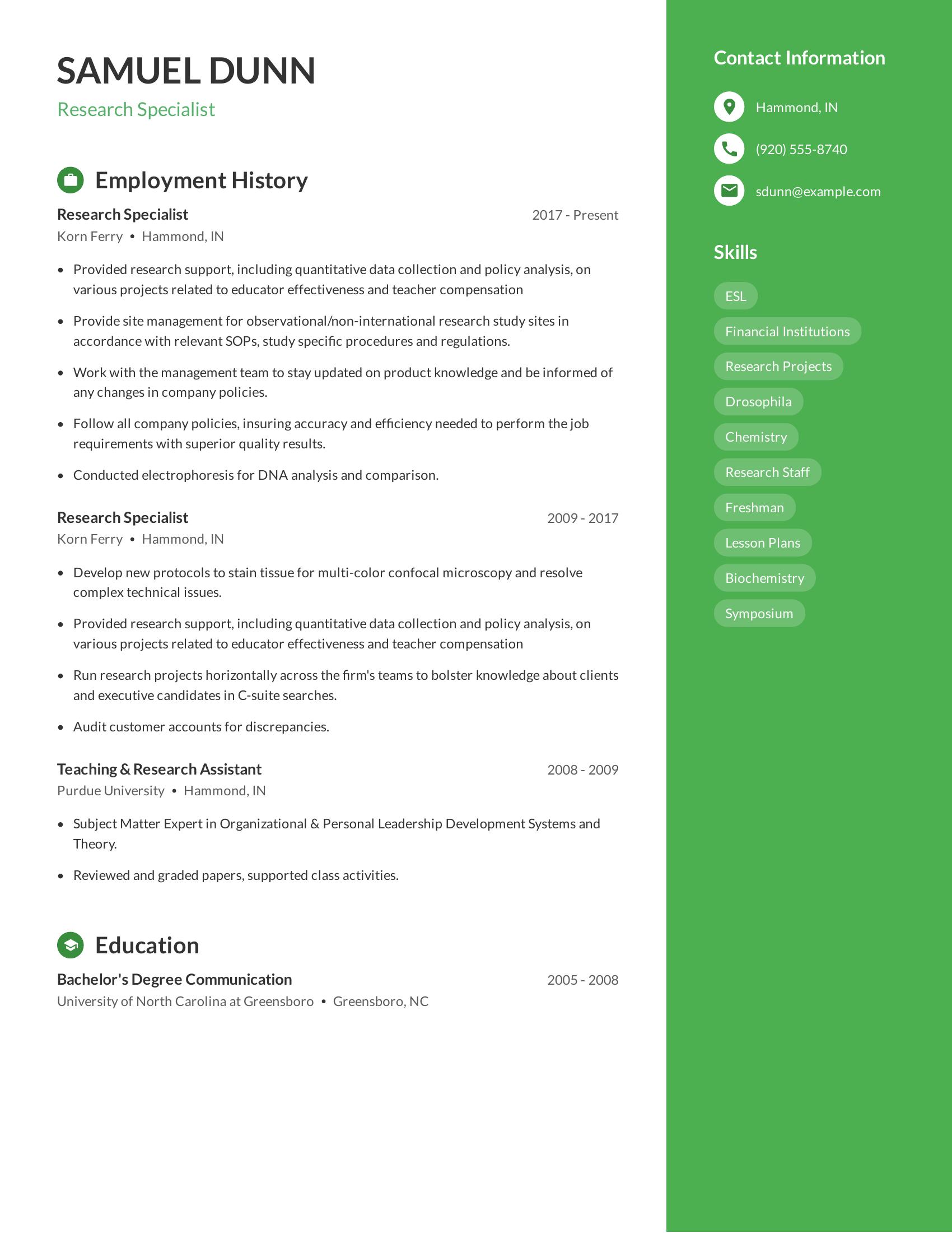 Research Specialist resume example