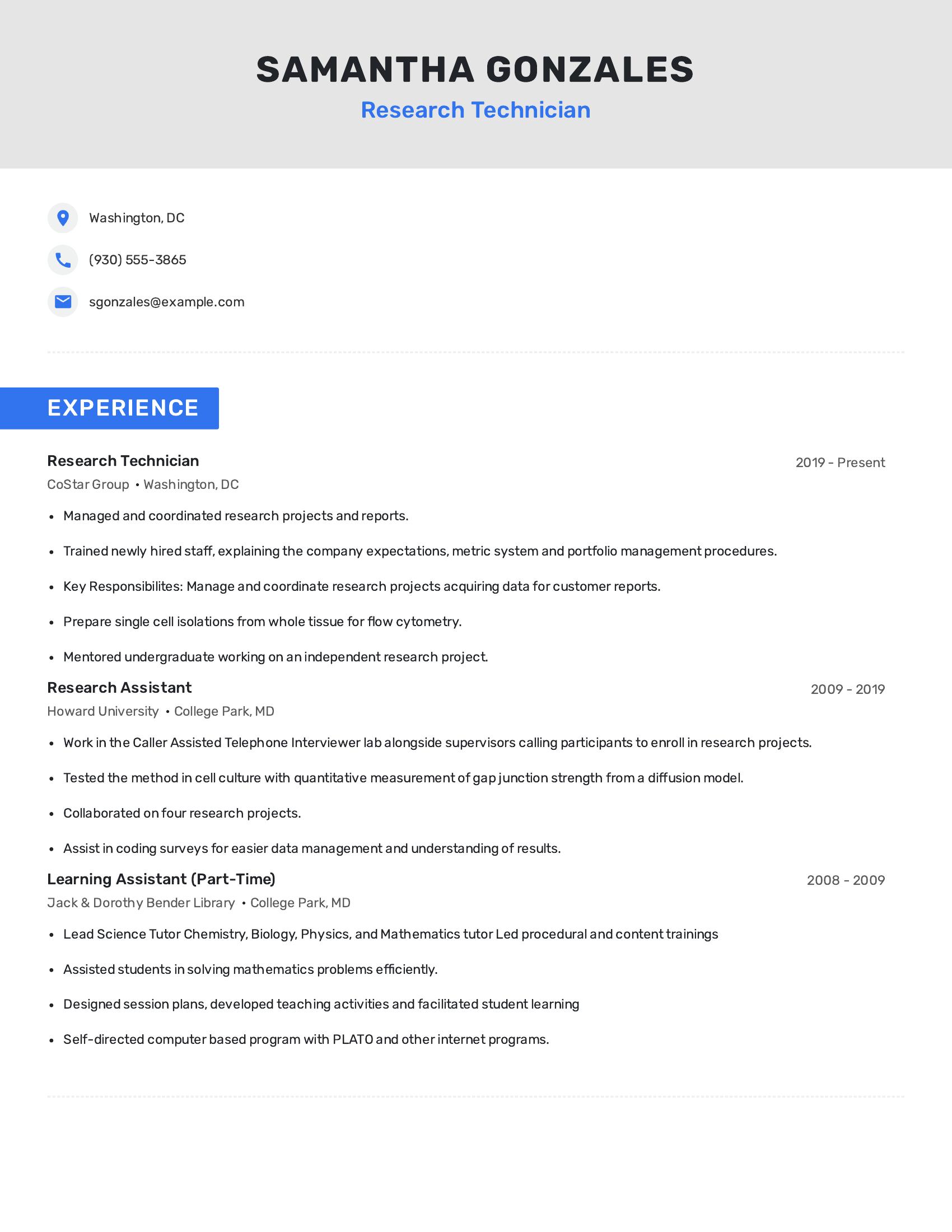Research Technician resume example