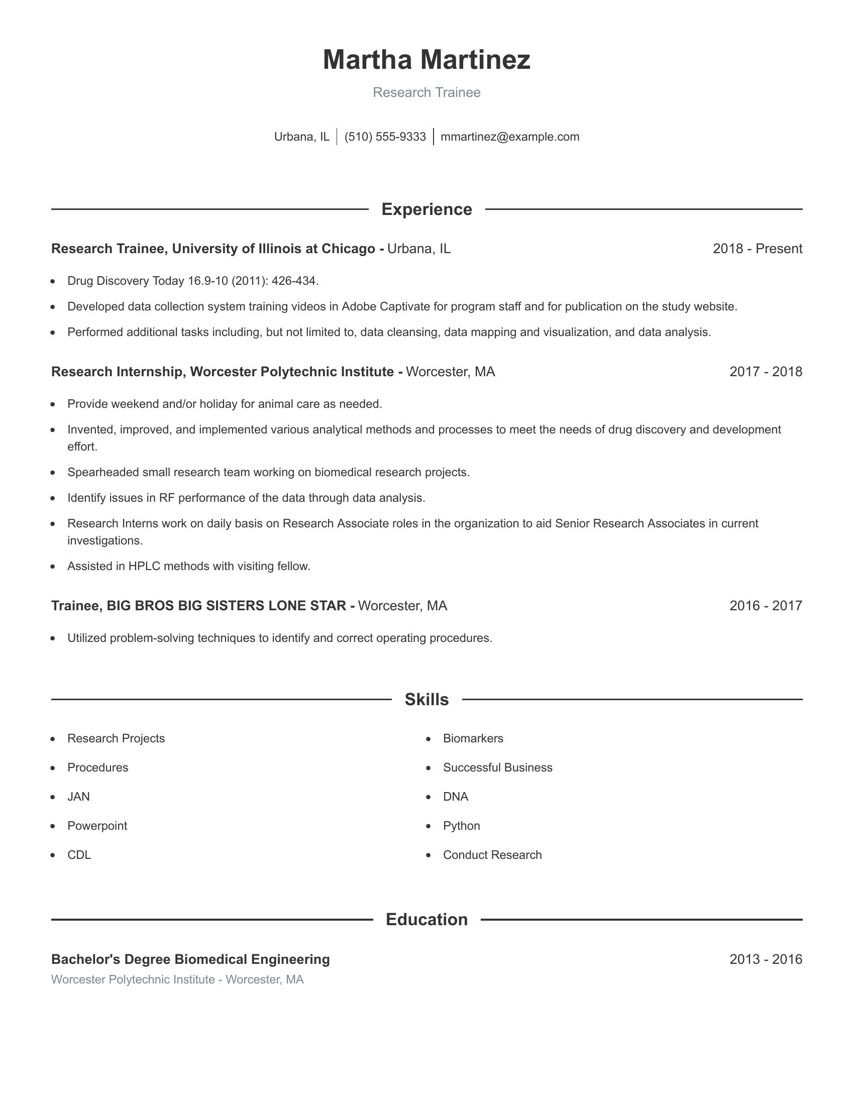 Research Trainee resume example