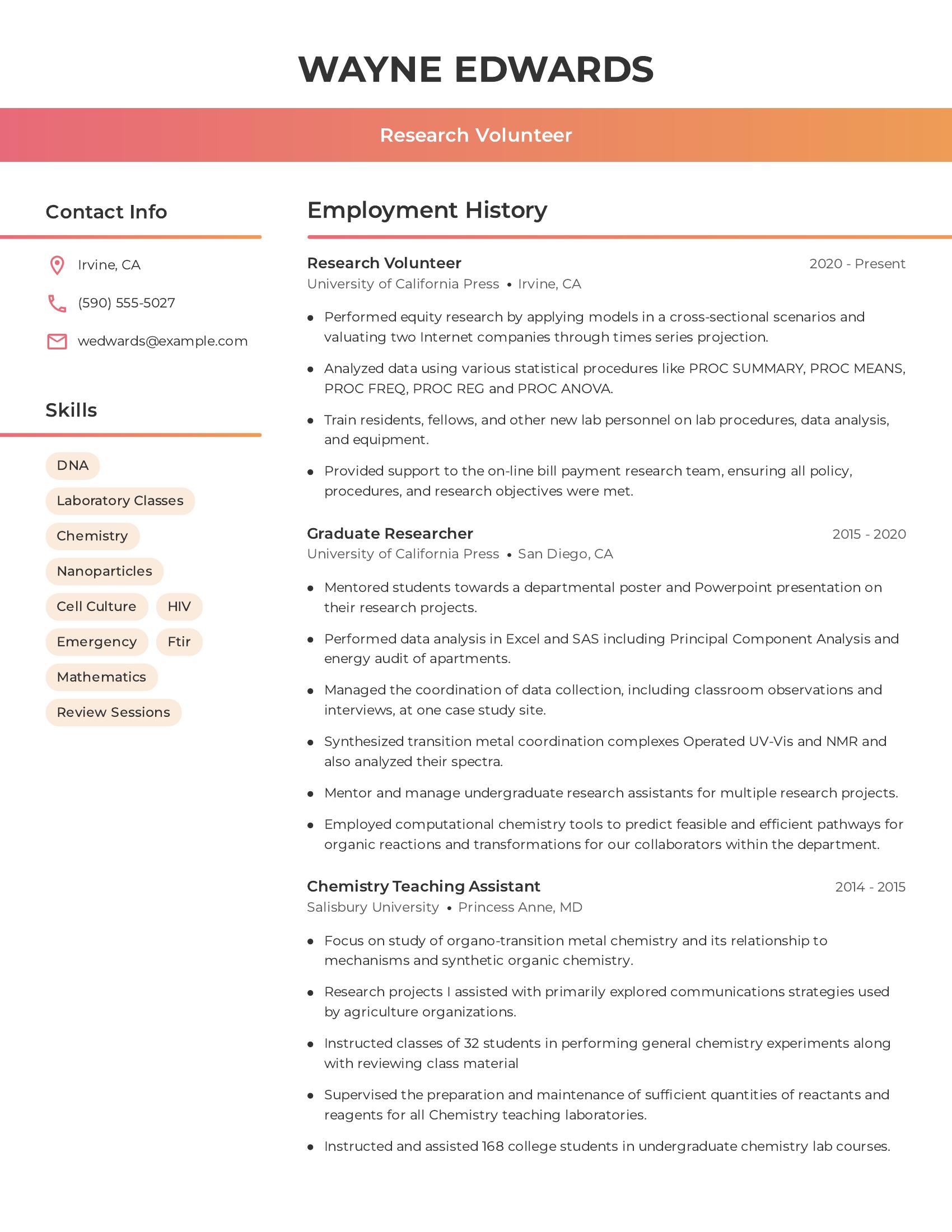 Research Volunteer resume example