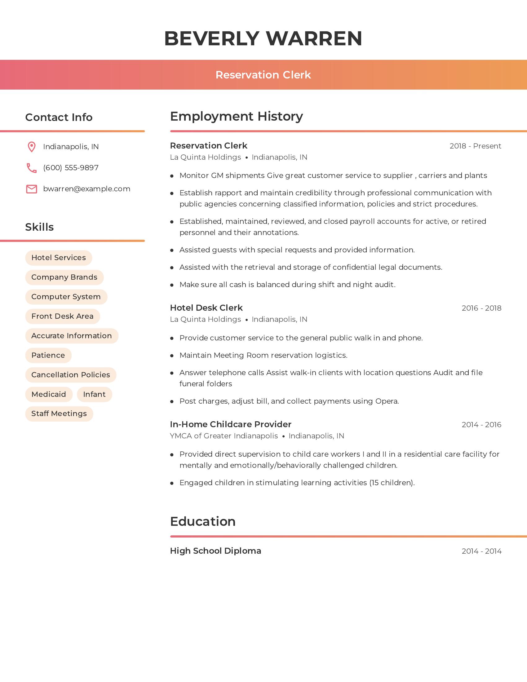 Reservation Clerk resume example