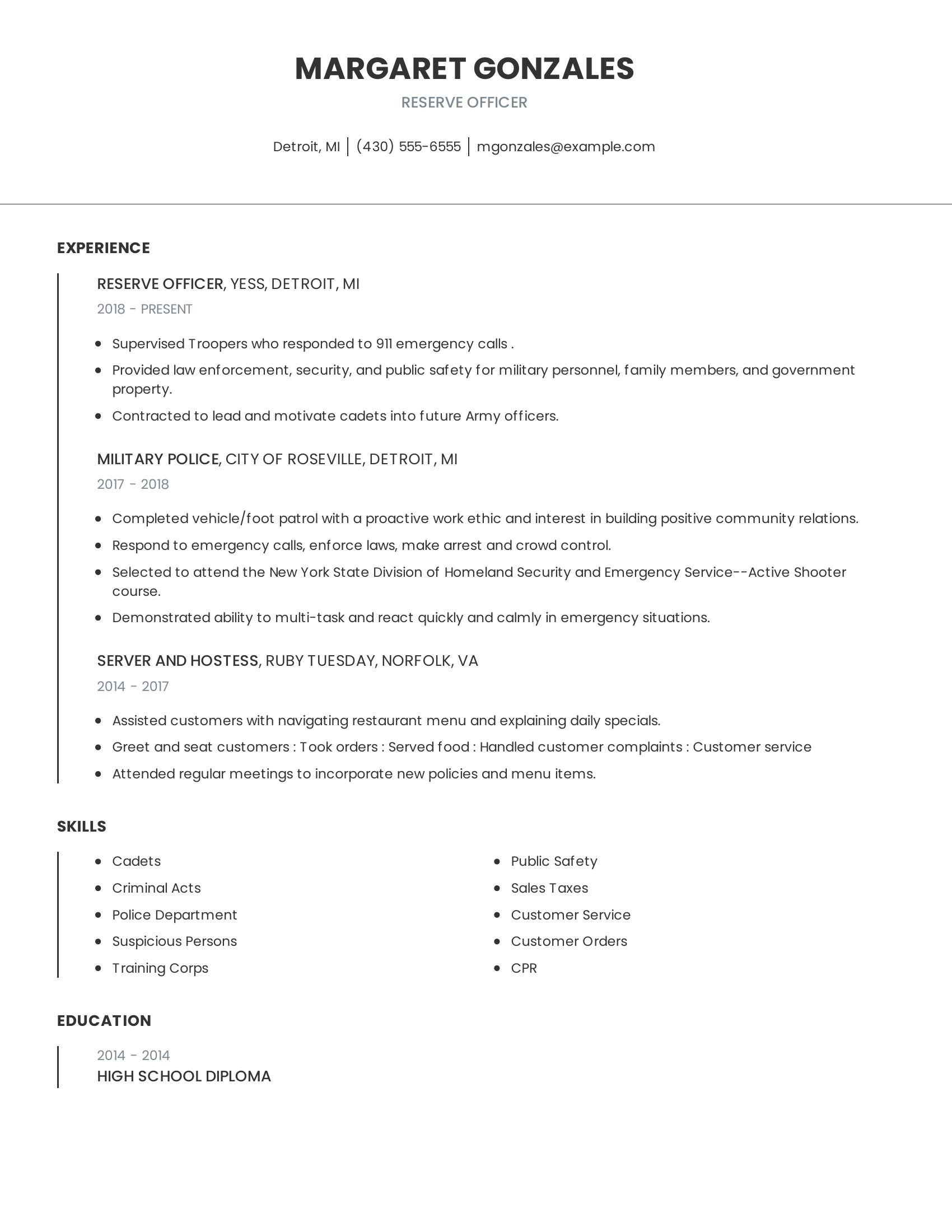 Reserve Officer resume example