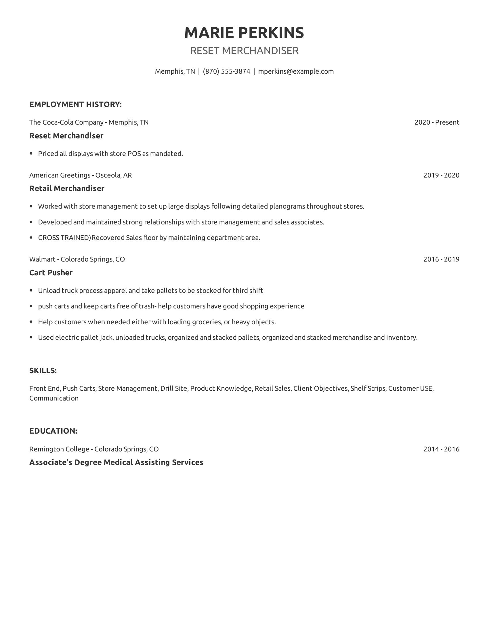 Reset Merchandiser resume example