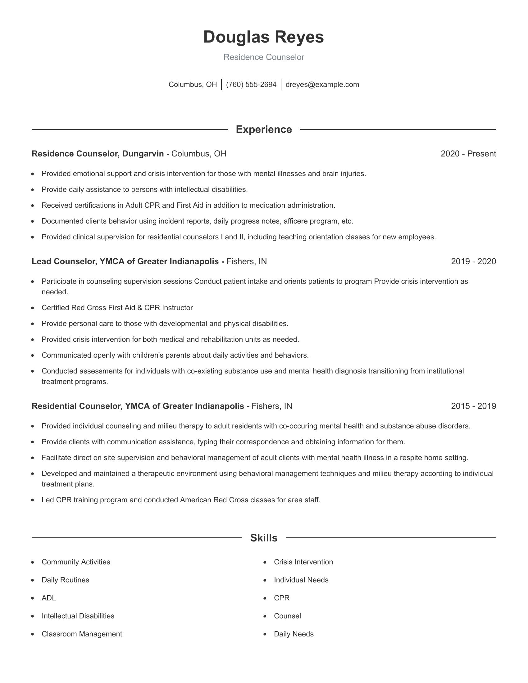 Residence Counselor resume example