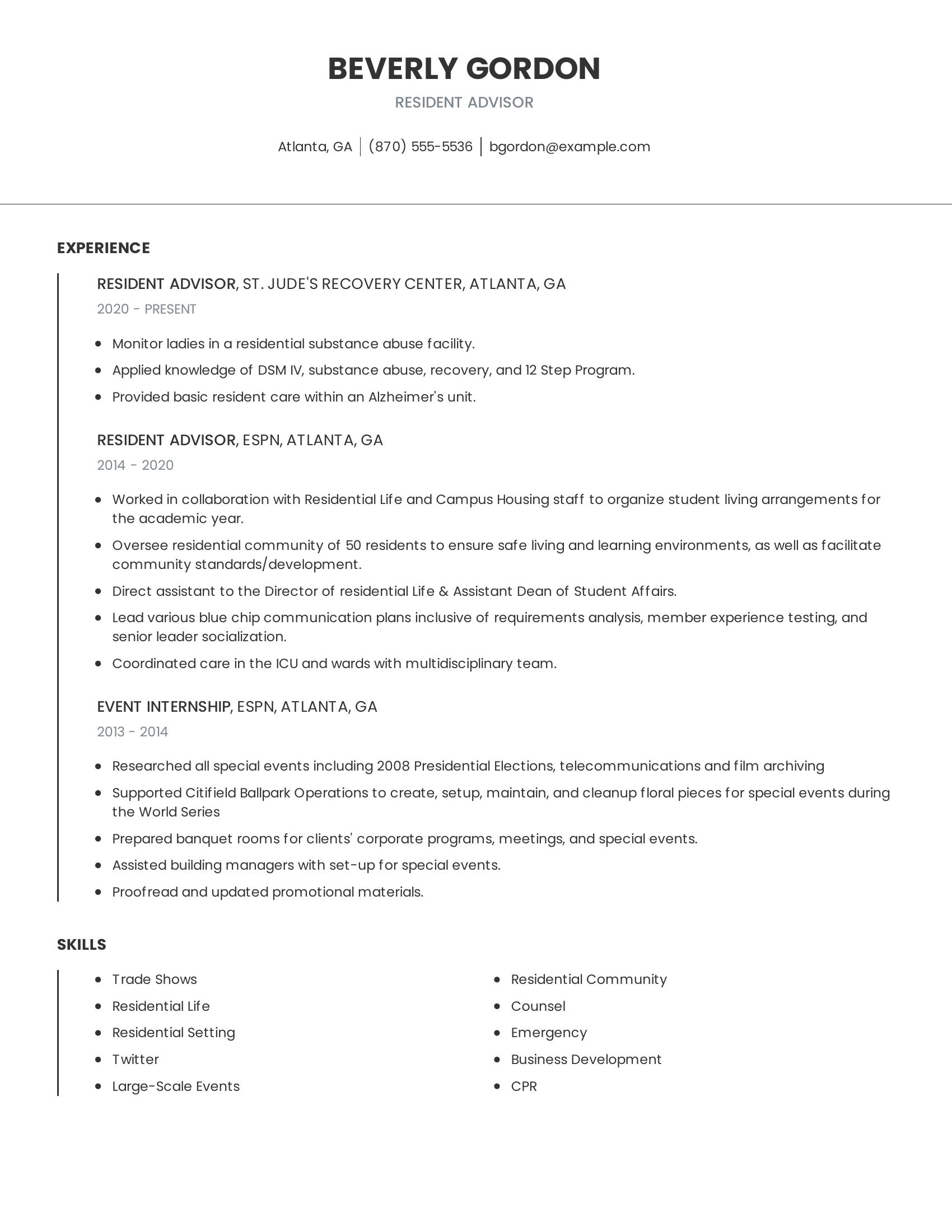 Resident Advisor resume example