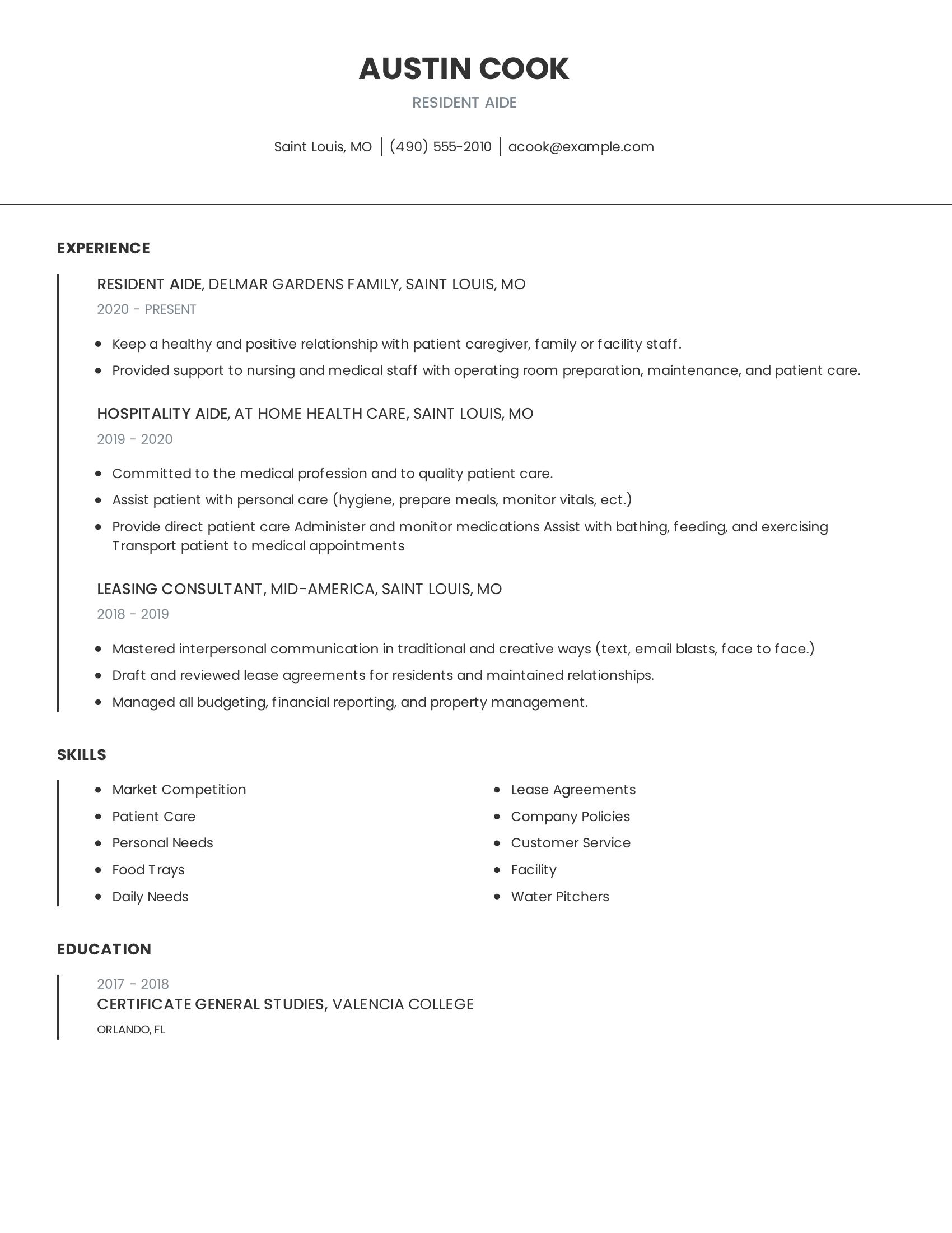 Resident Aide resume example