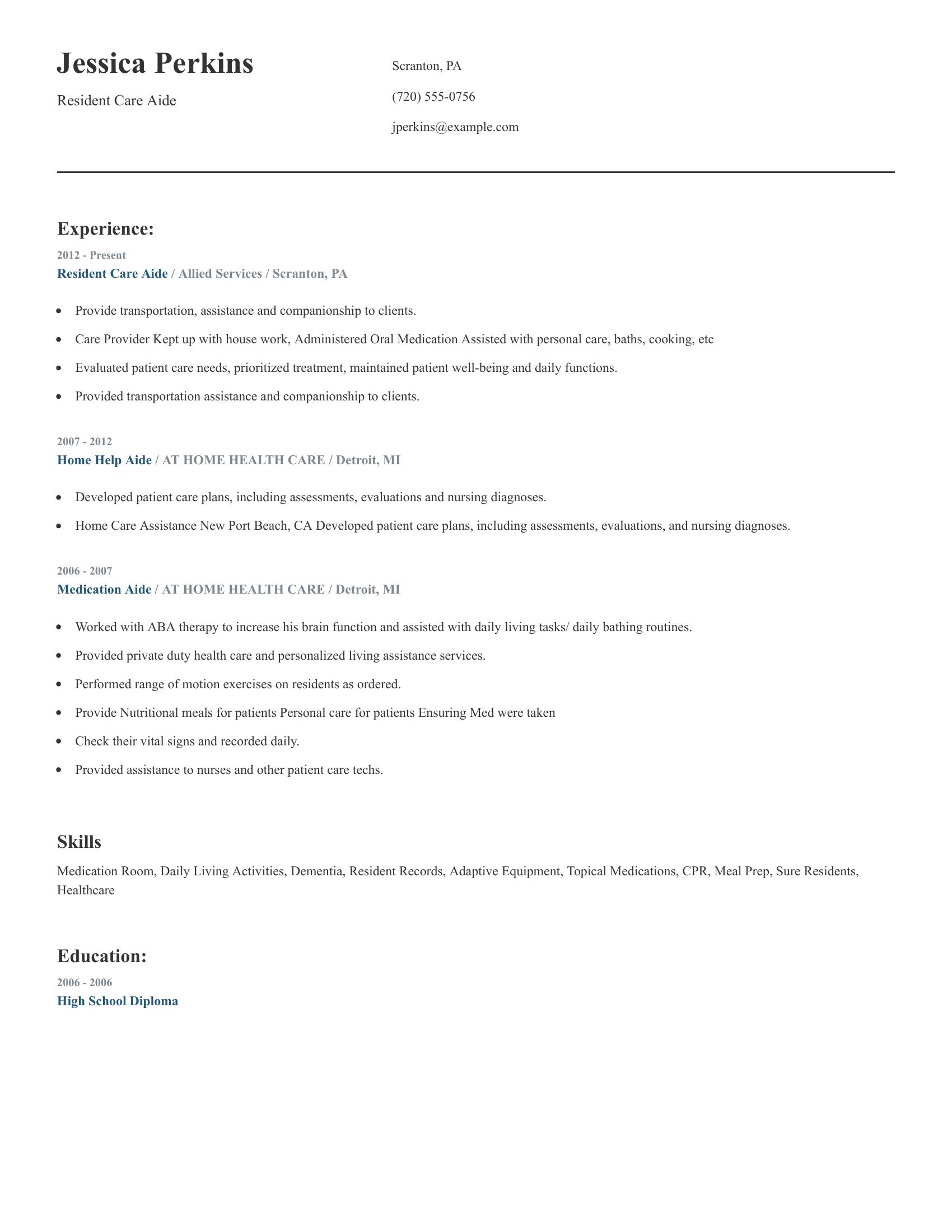 Resident Care Aide resume example