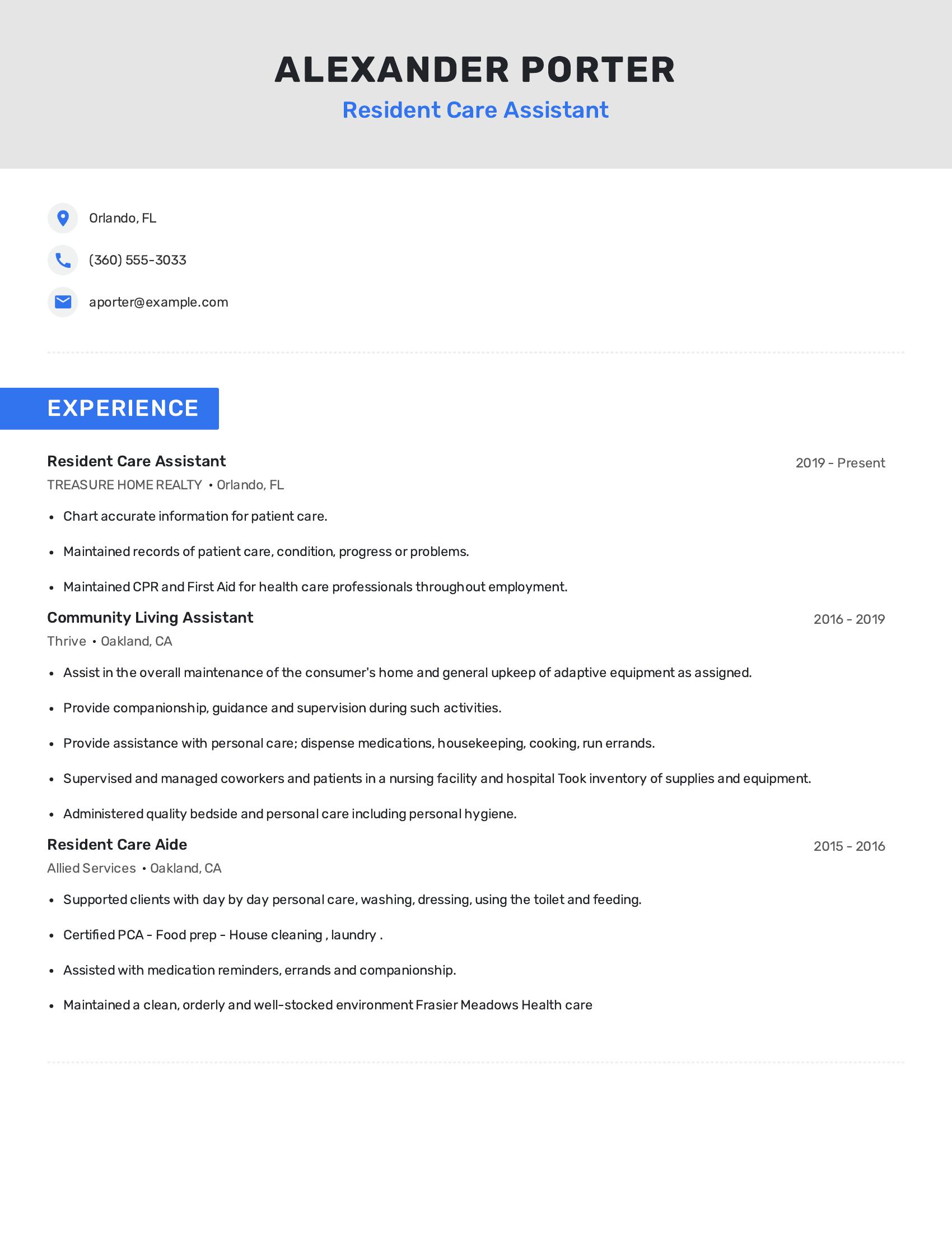 Resident Care Assistant resume example