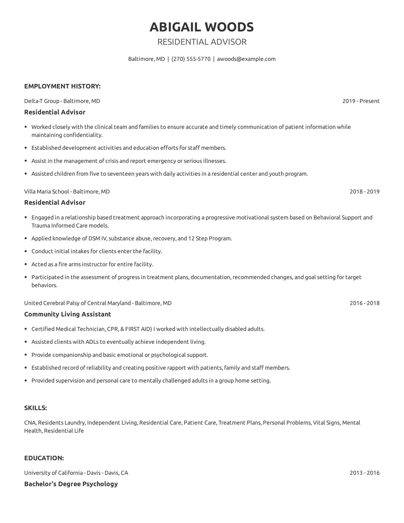 Residential Advisor resume example