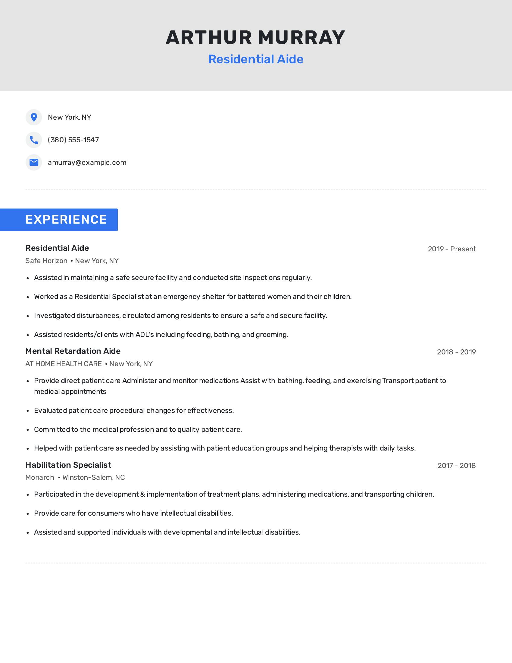 Residential Aide resume example