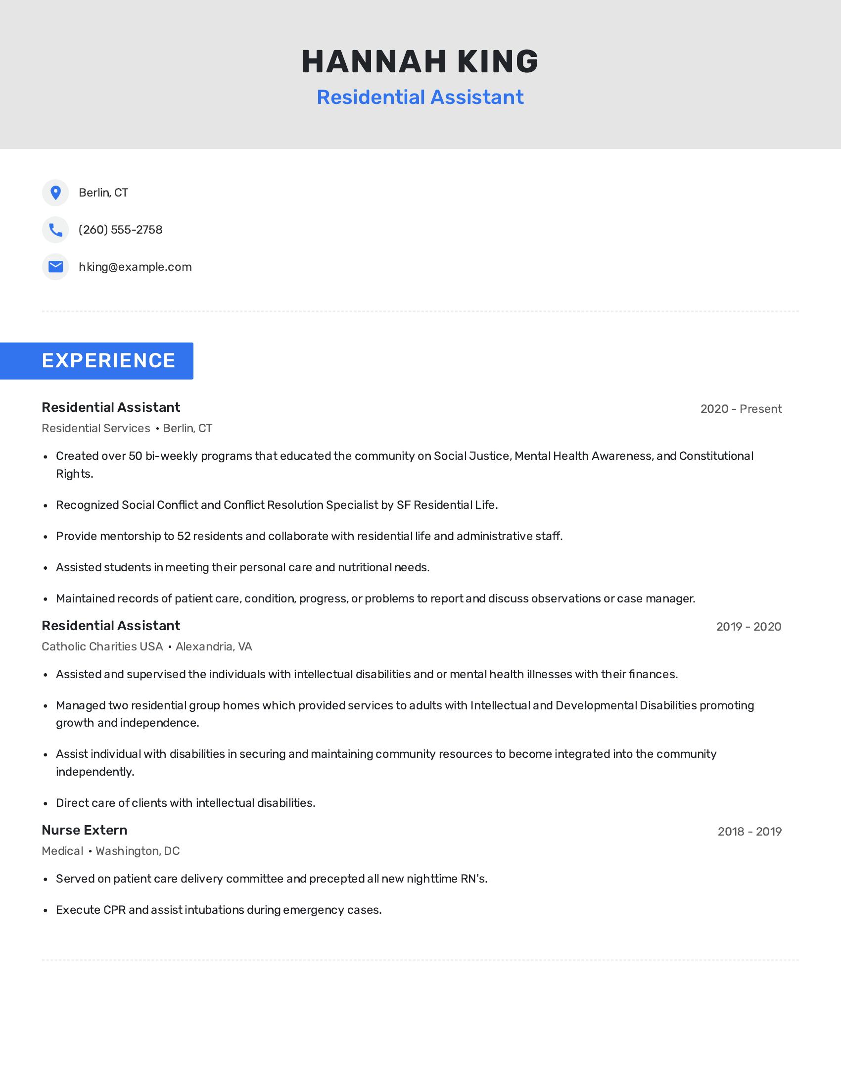 Residential Assistant resume example