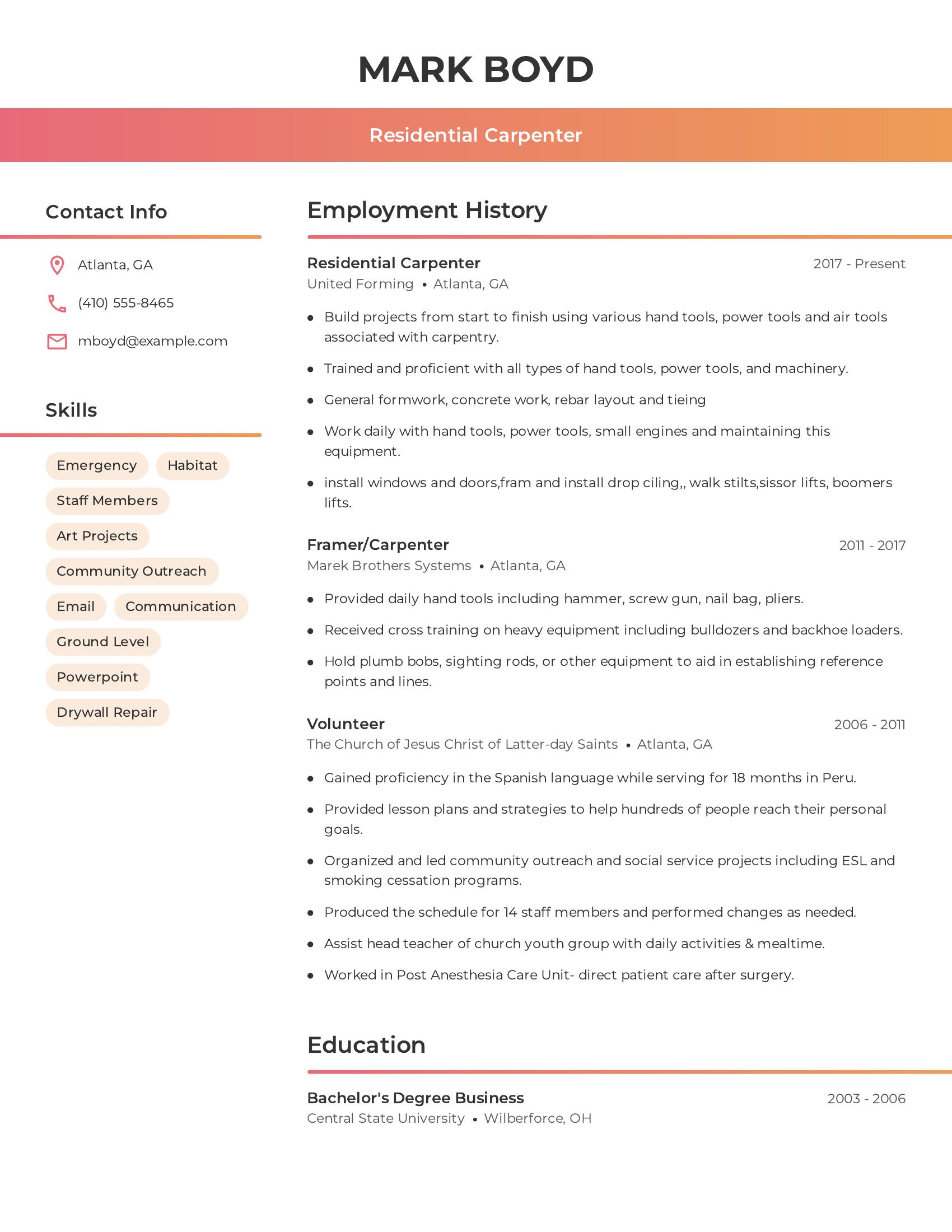 Residential Carpenter resume example