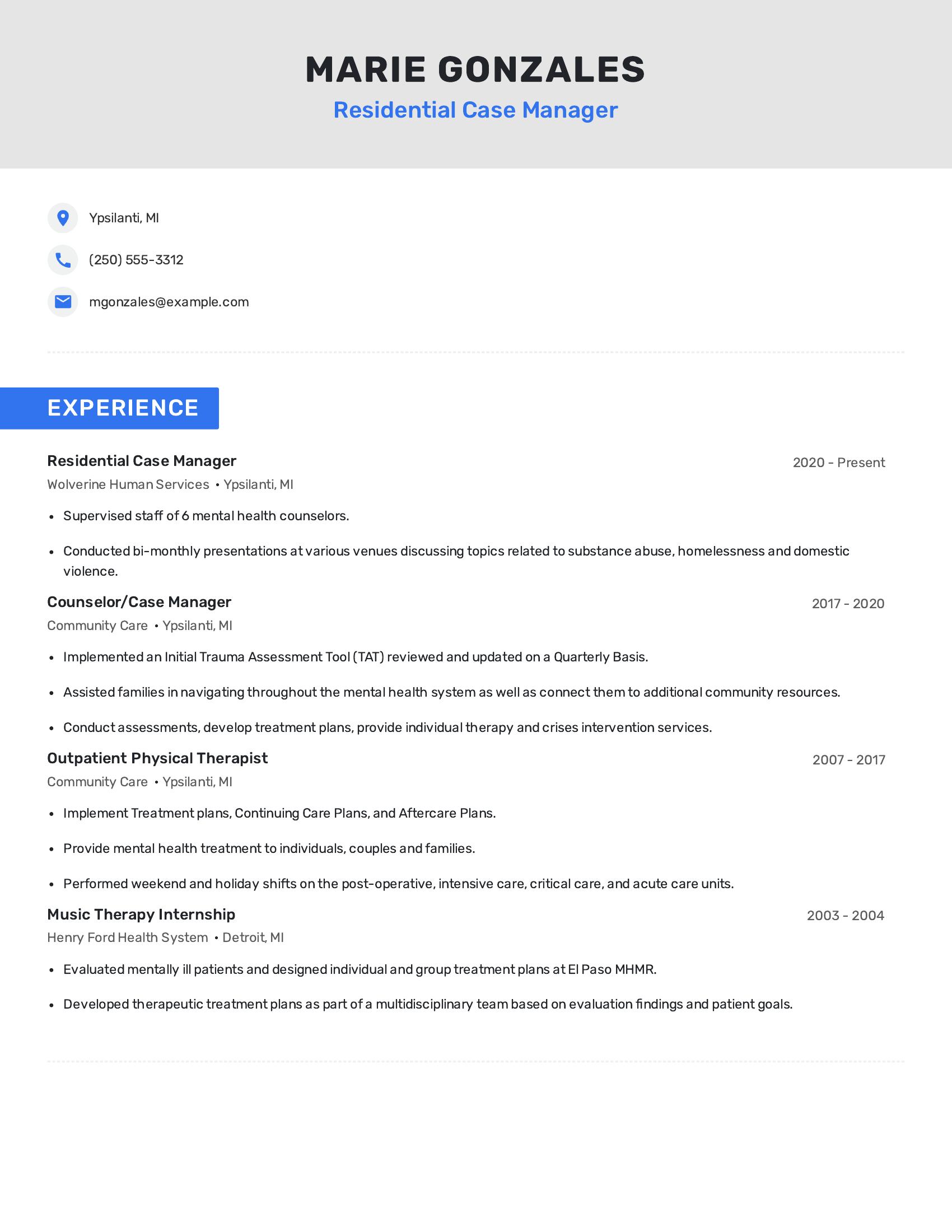 Residential Case Manager resume example