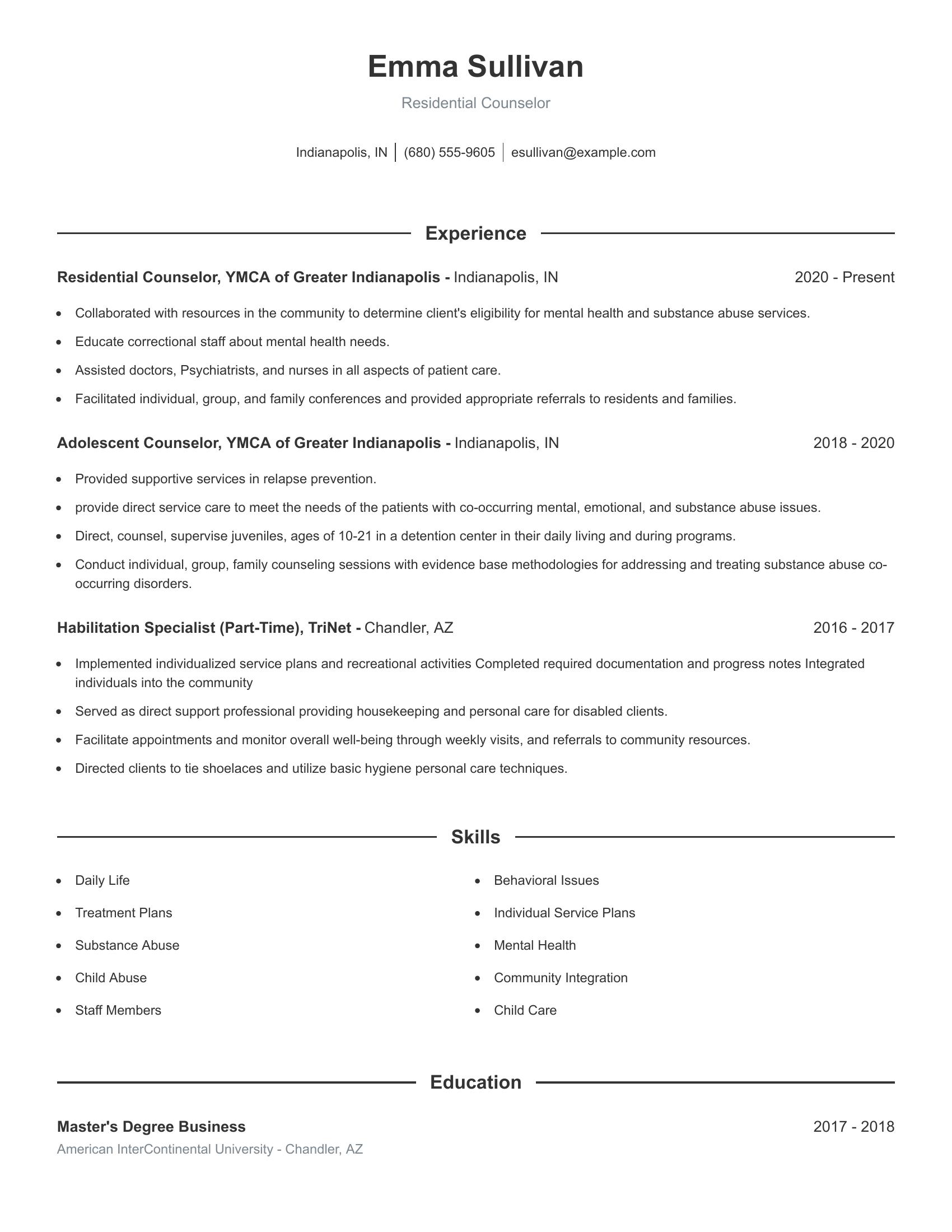 Residential Counselor resume example