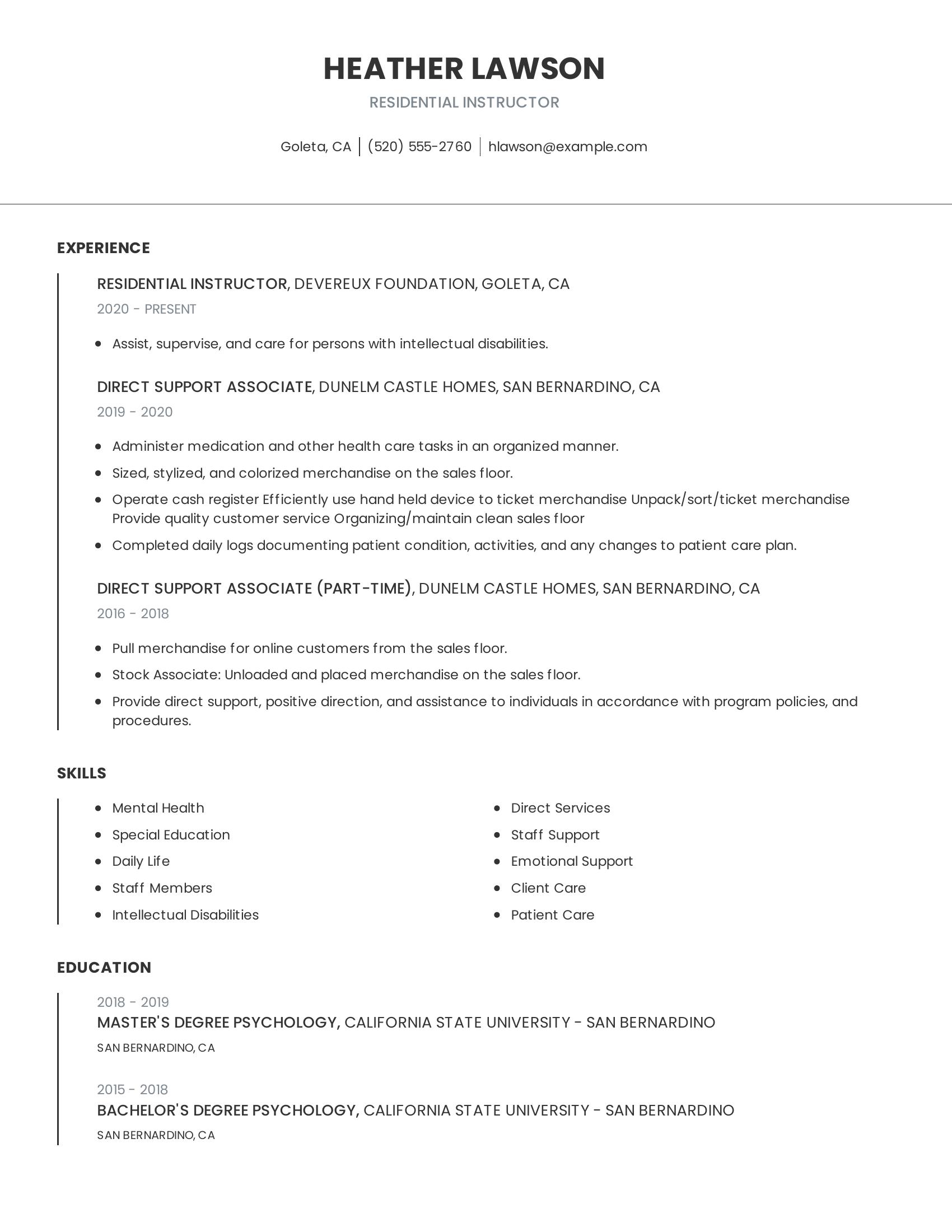 Residential Instructor resume example