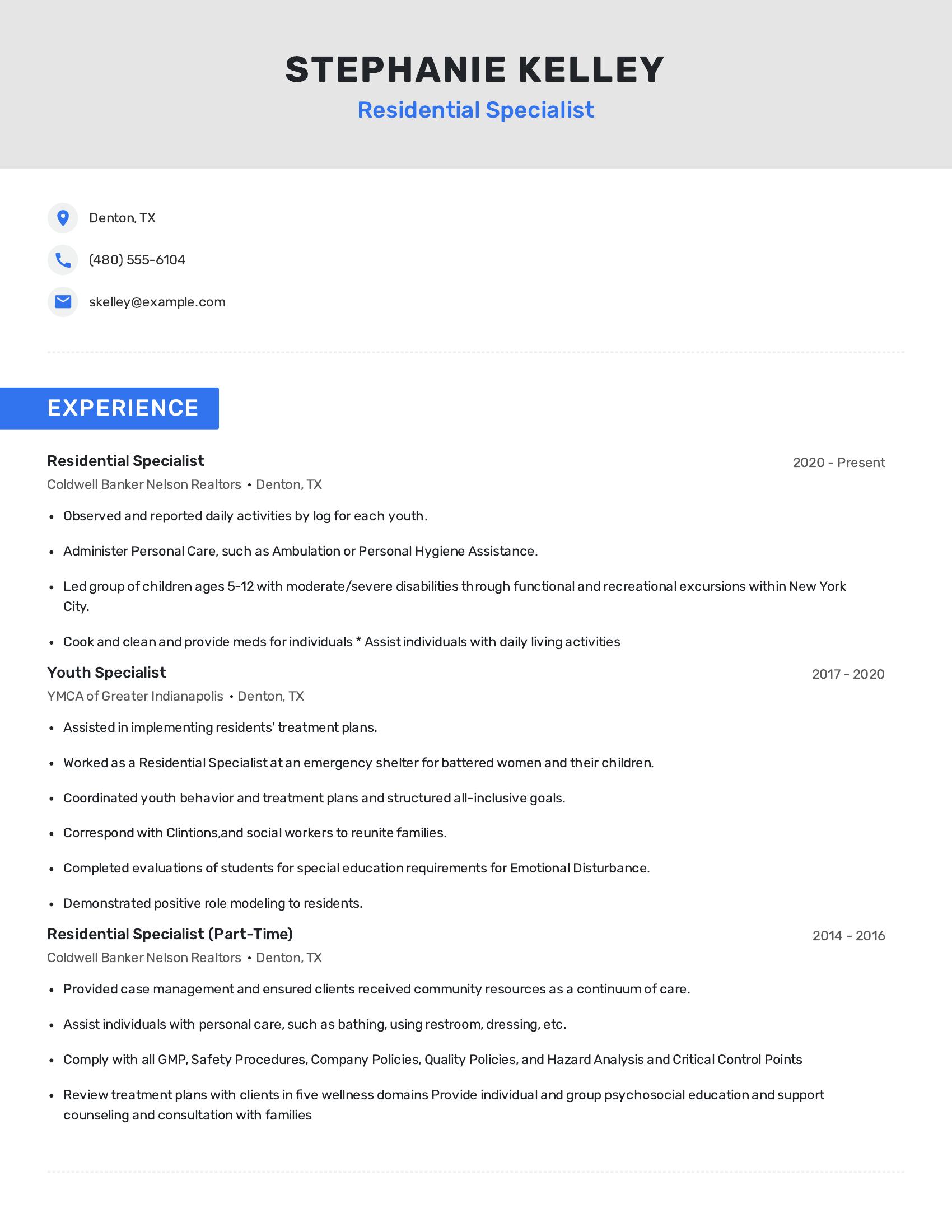 Residential Specialist resume example