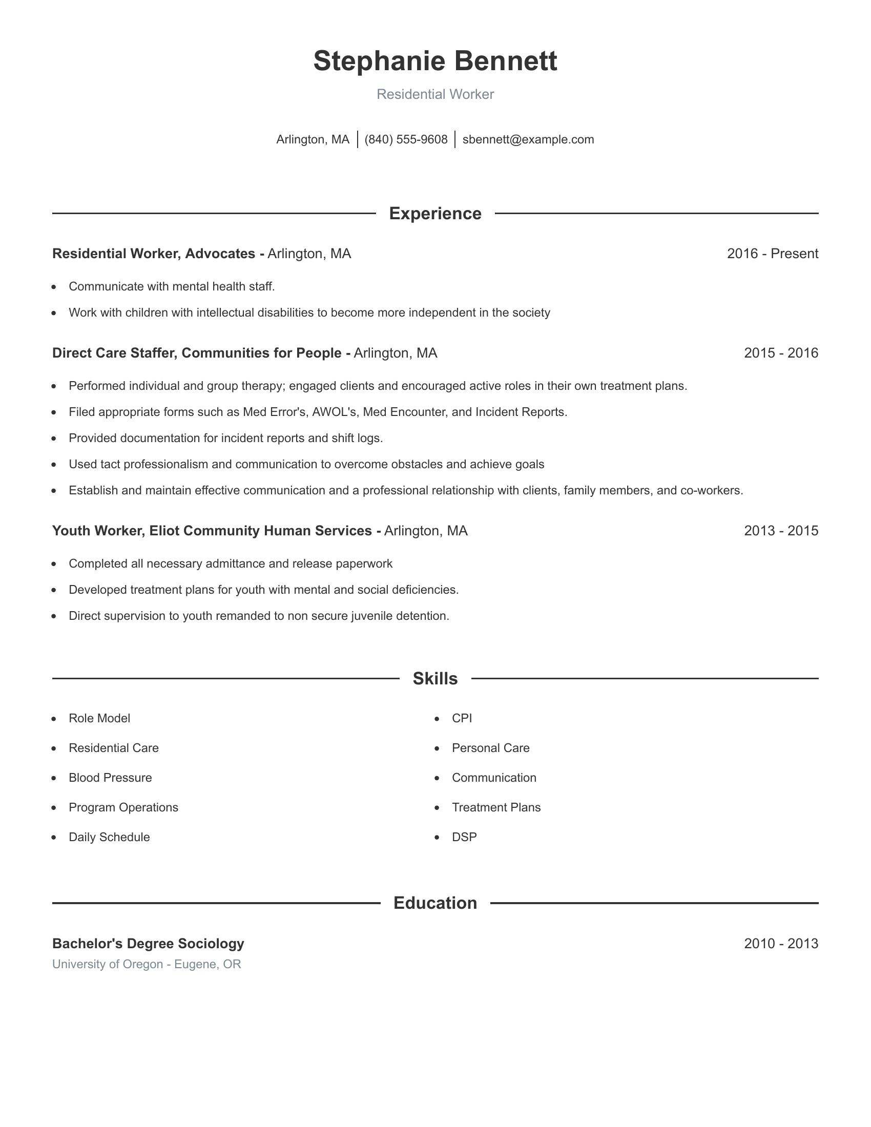 Residential Worker resume example