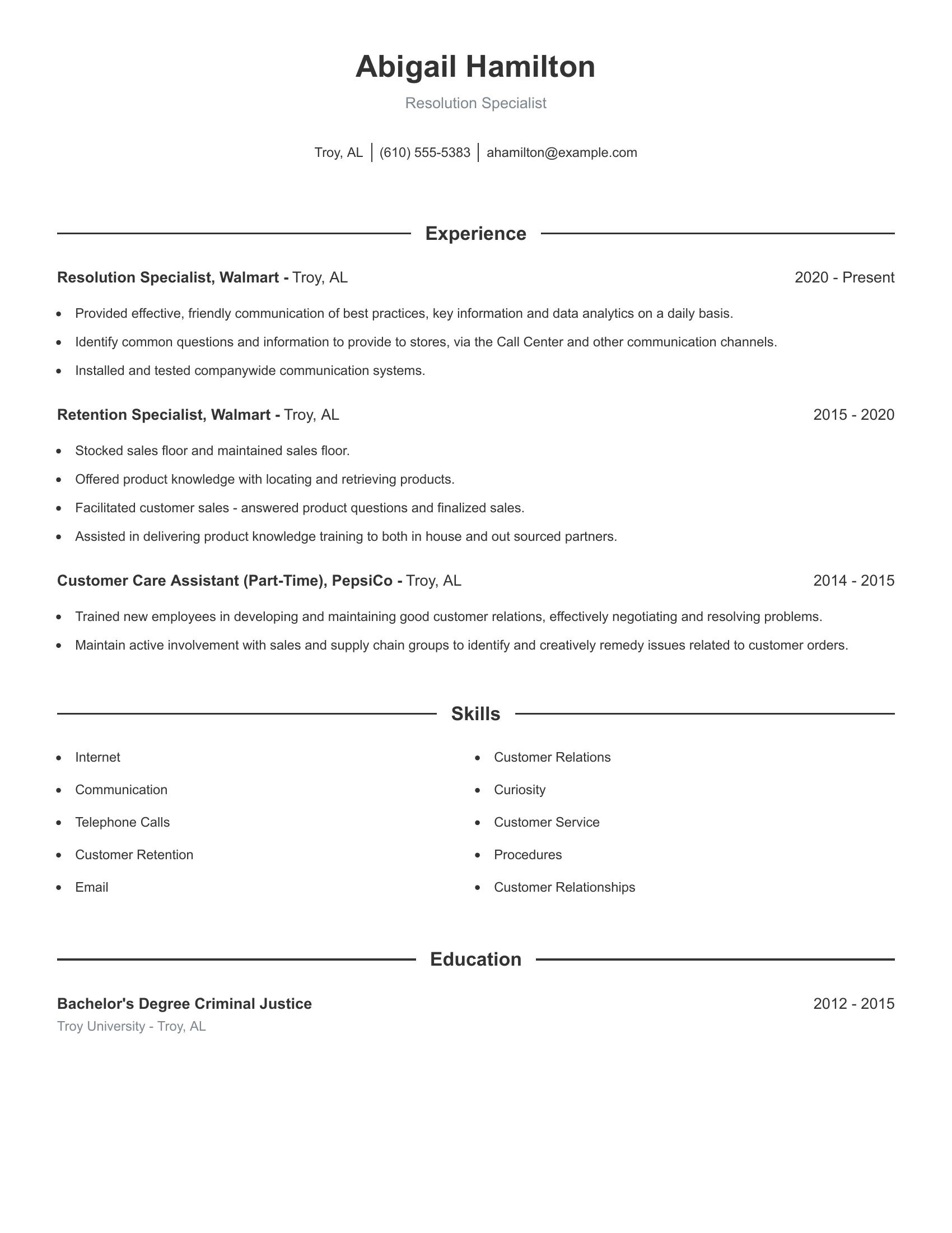 Resolution Specialist resume example