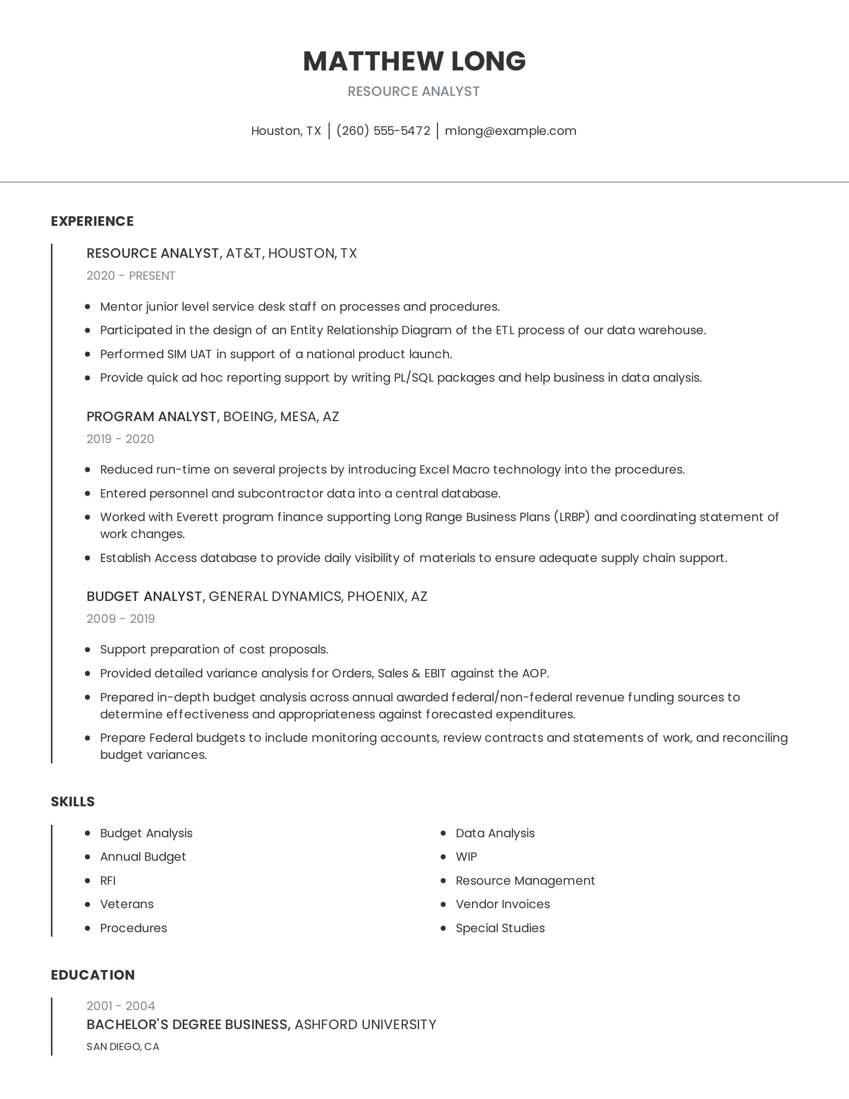 Resource Analyst resume example