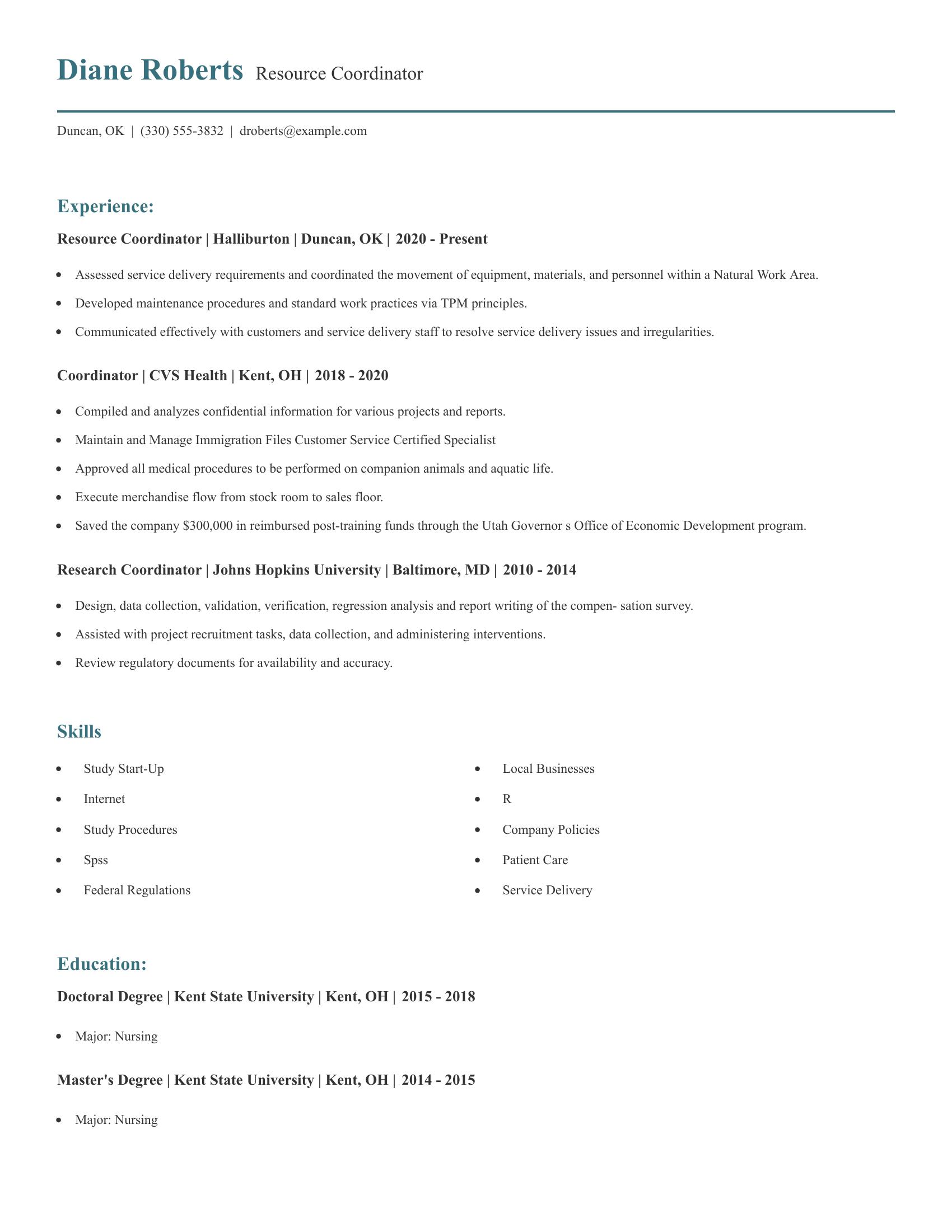 Resource Coordinator resume example