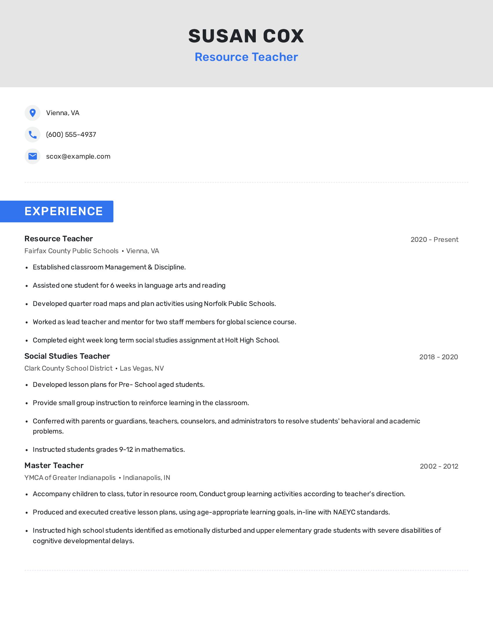 Resource Teacher resume example