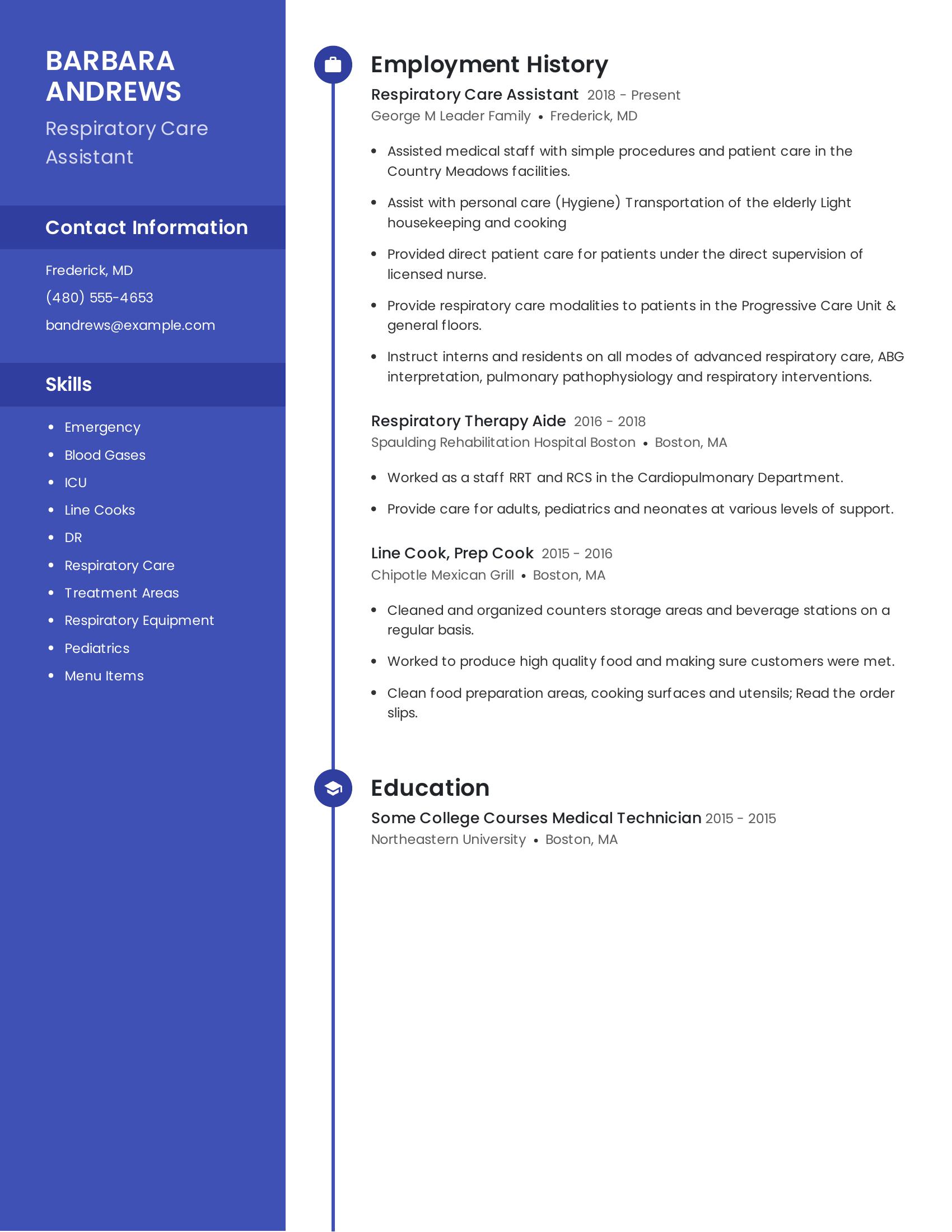 Respiratory Care Assistant resume example