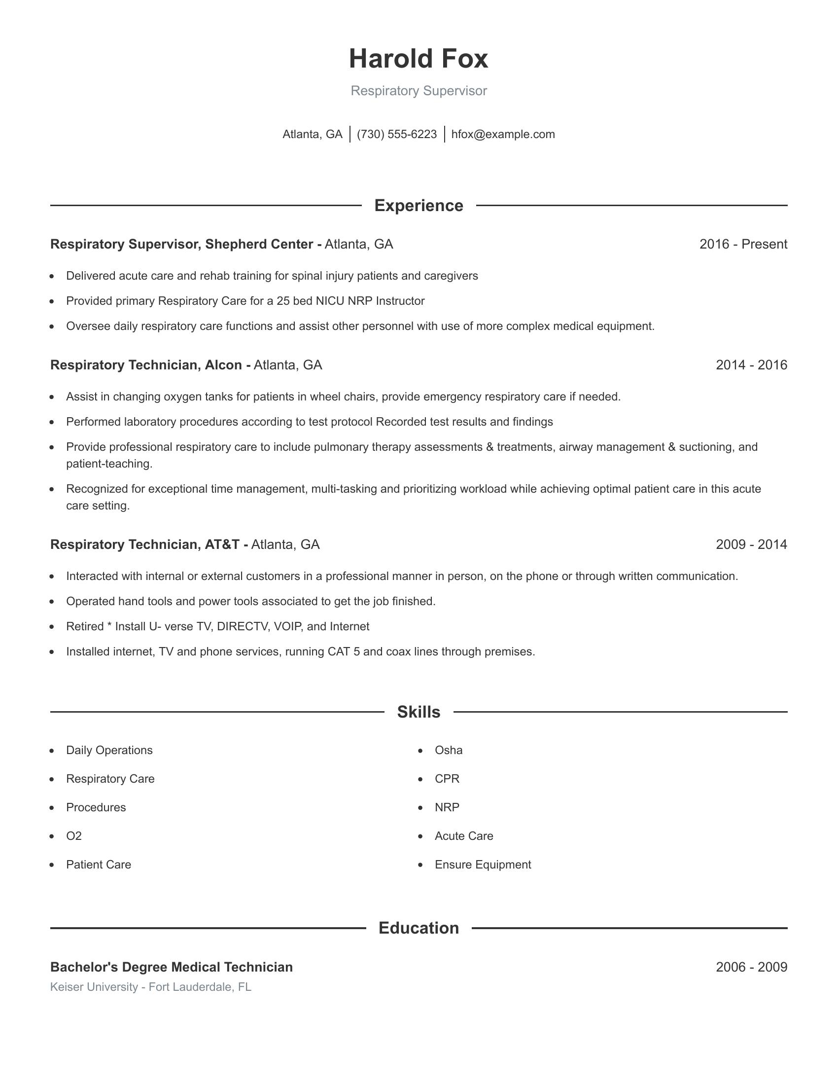 Respiratory Supervisor resume example