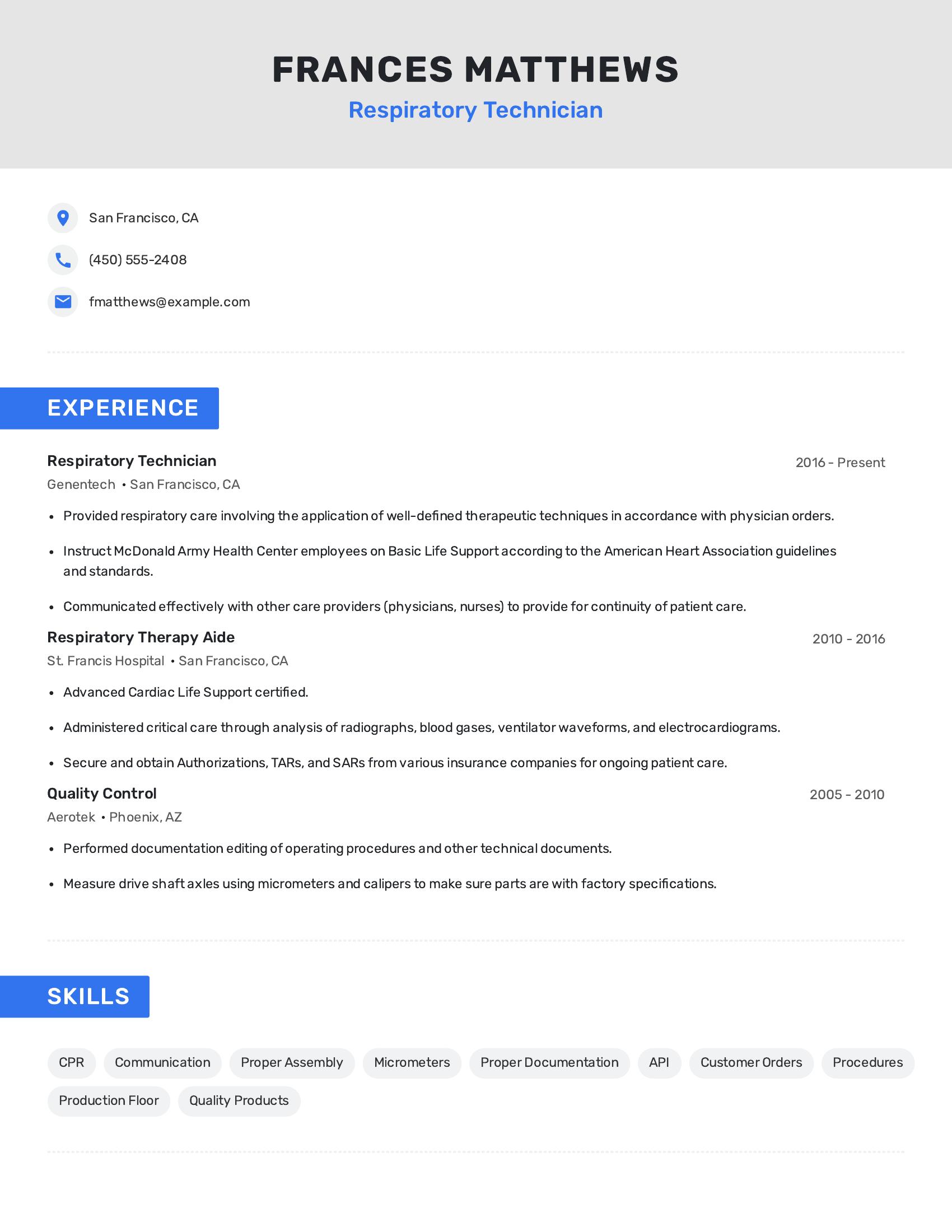 Respiratory Technician resume example