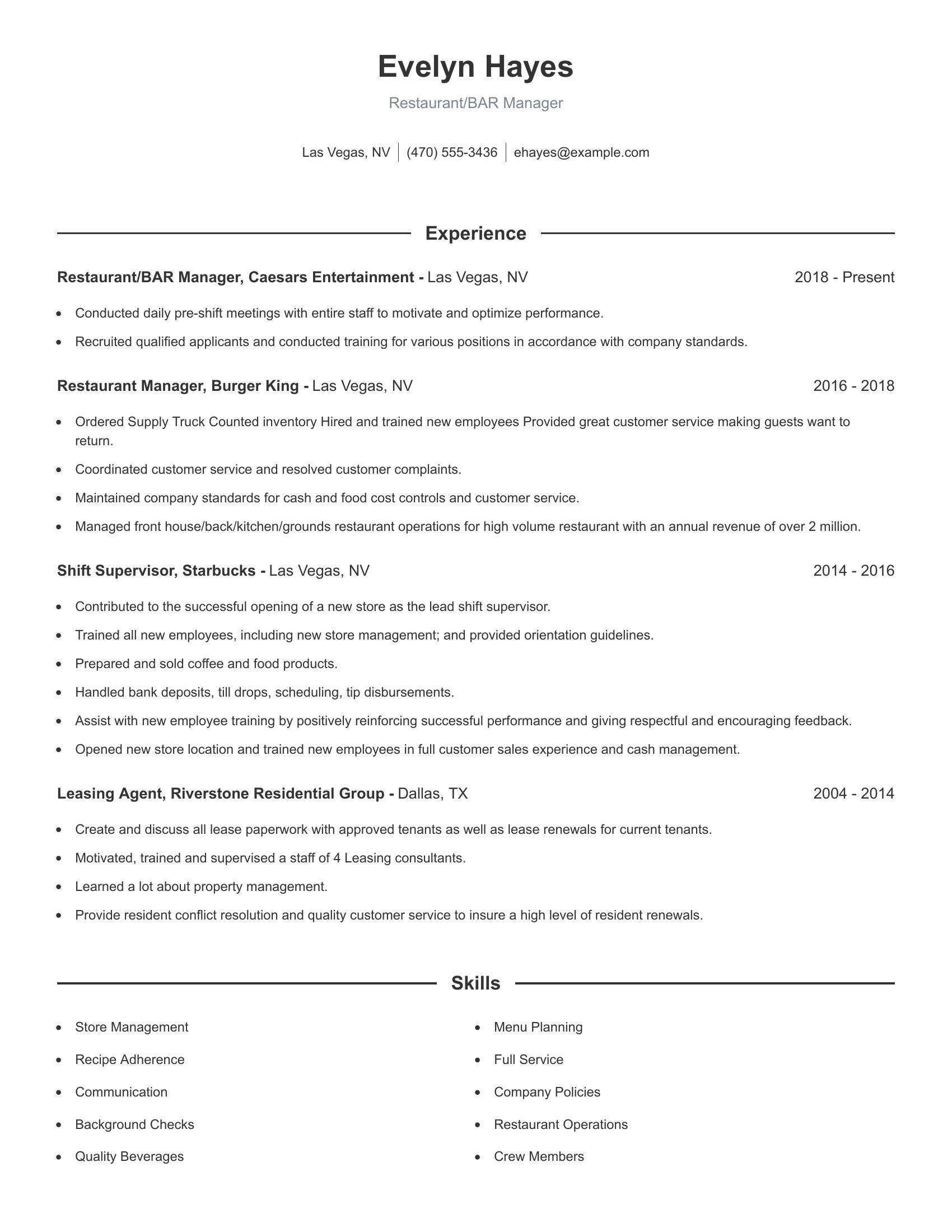 Restaurant/BAR Manager resume example