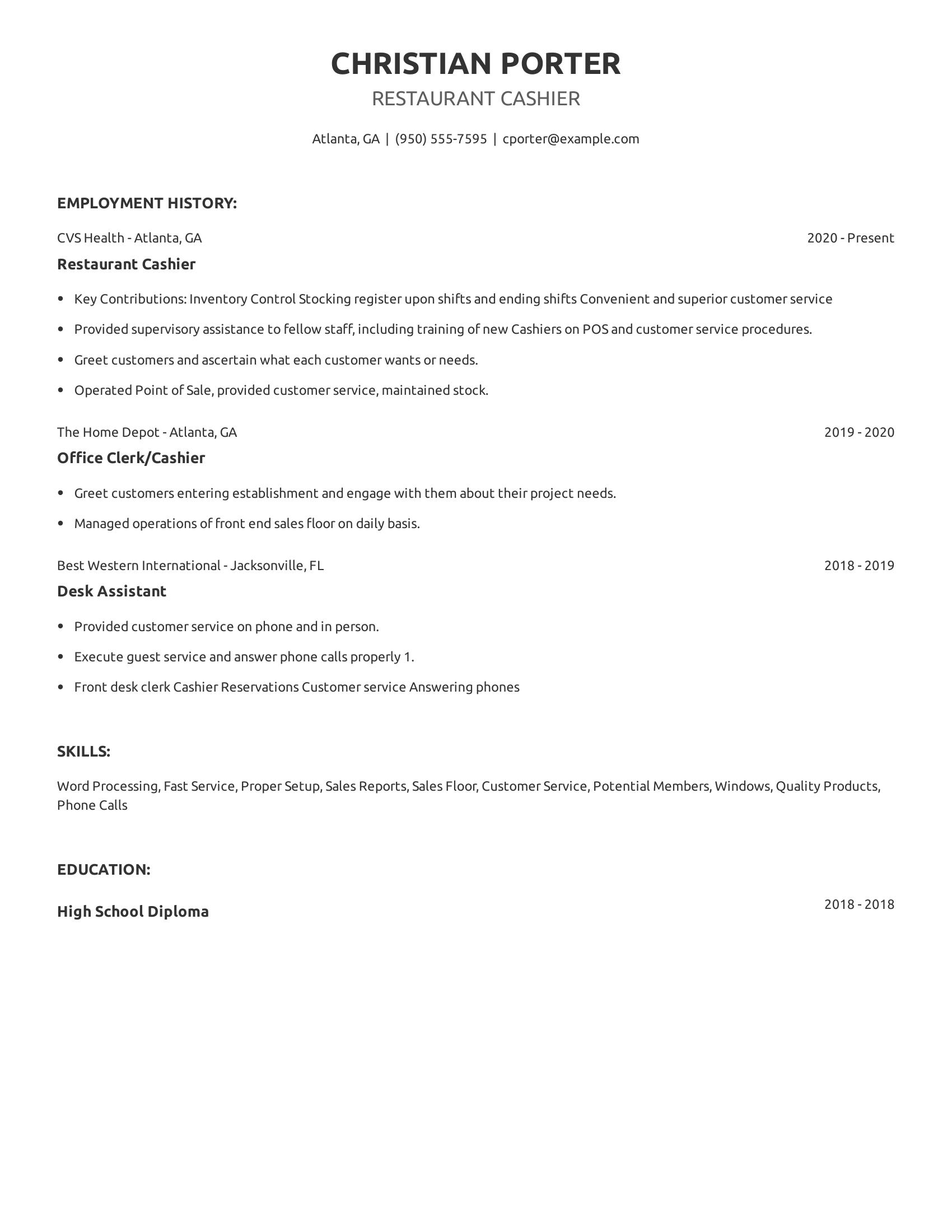 Restaurant Cashier resume example