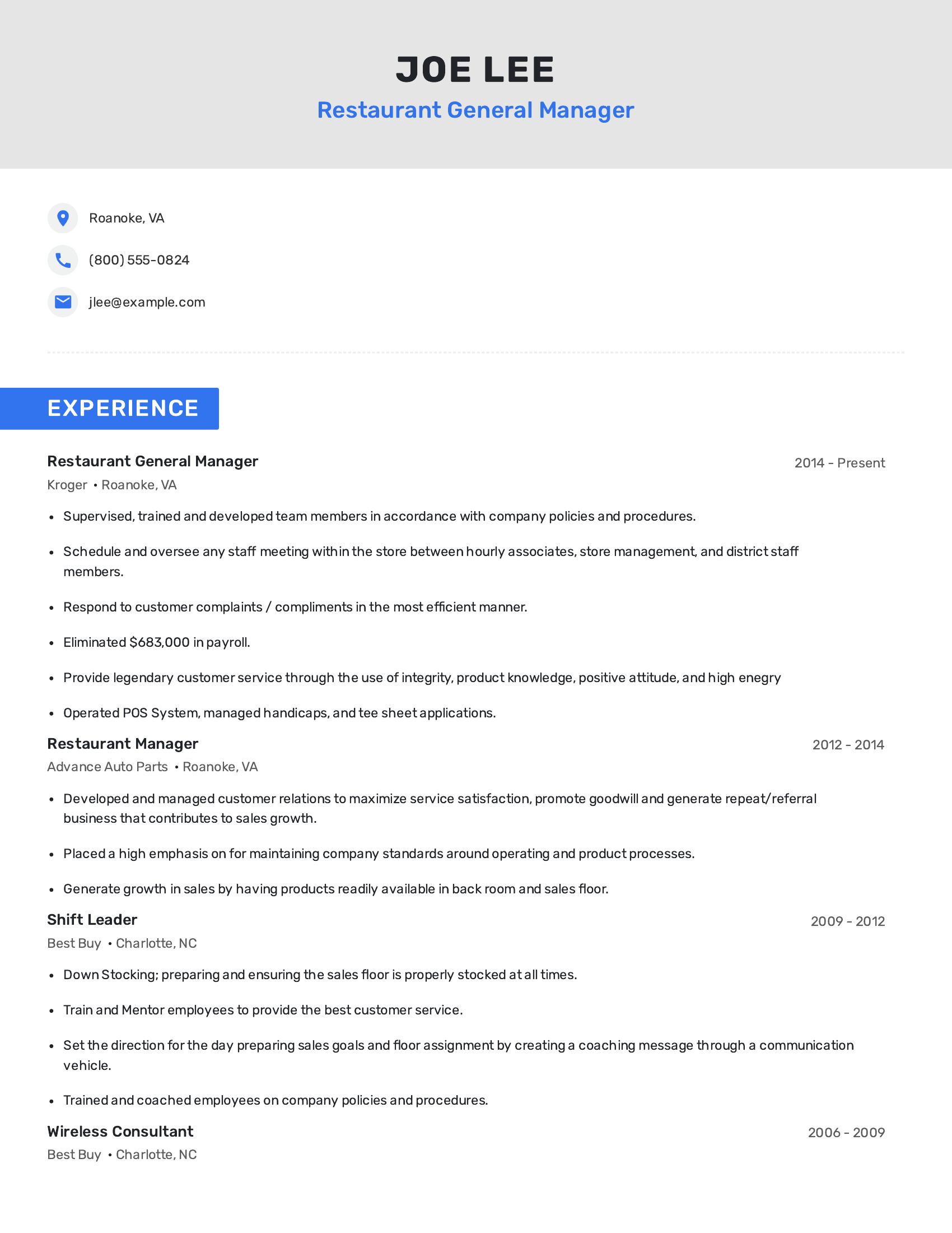 Restaurant General Manager resume example