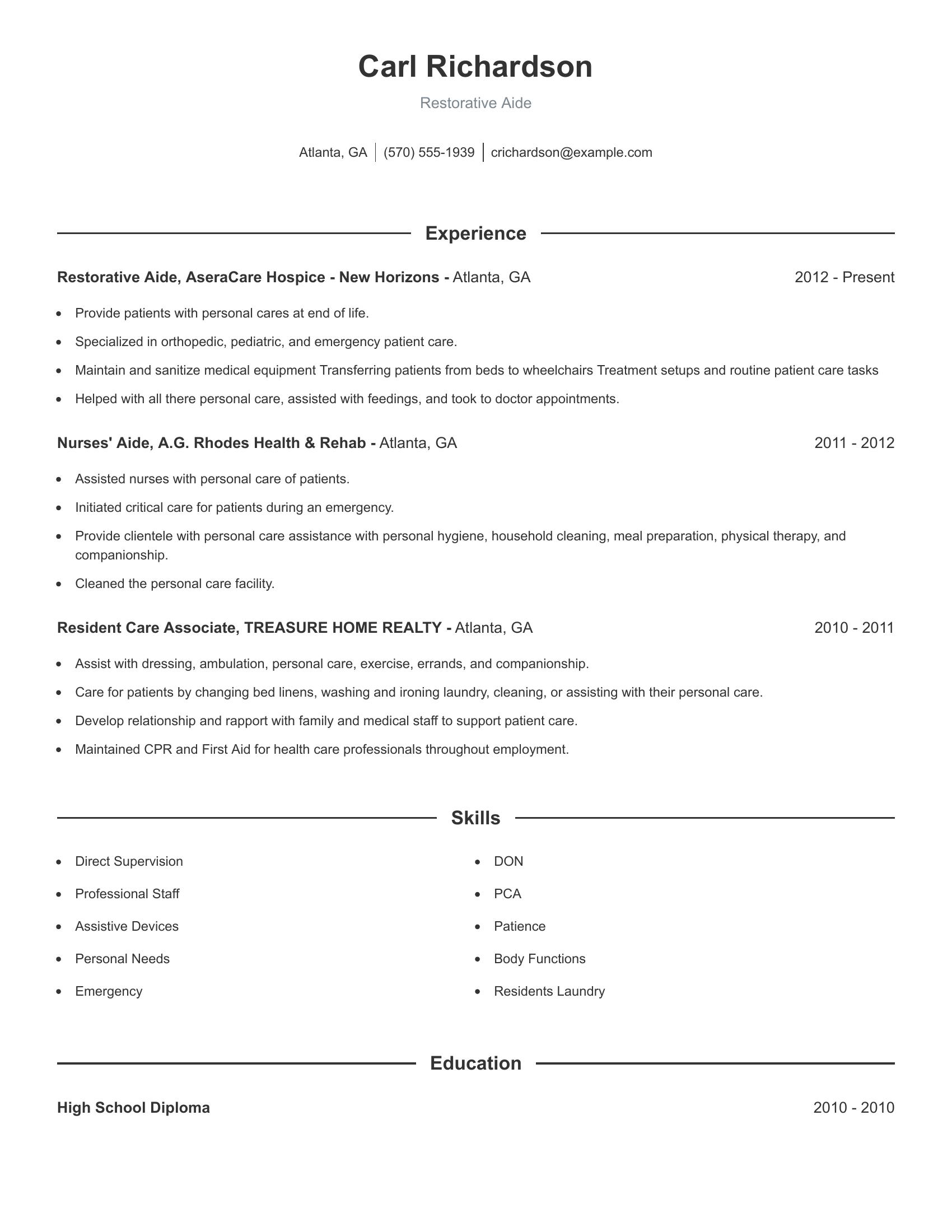 Restorative Aide resume example