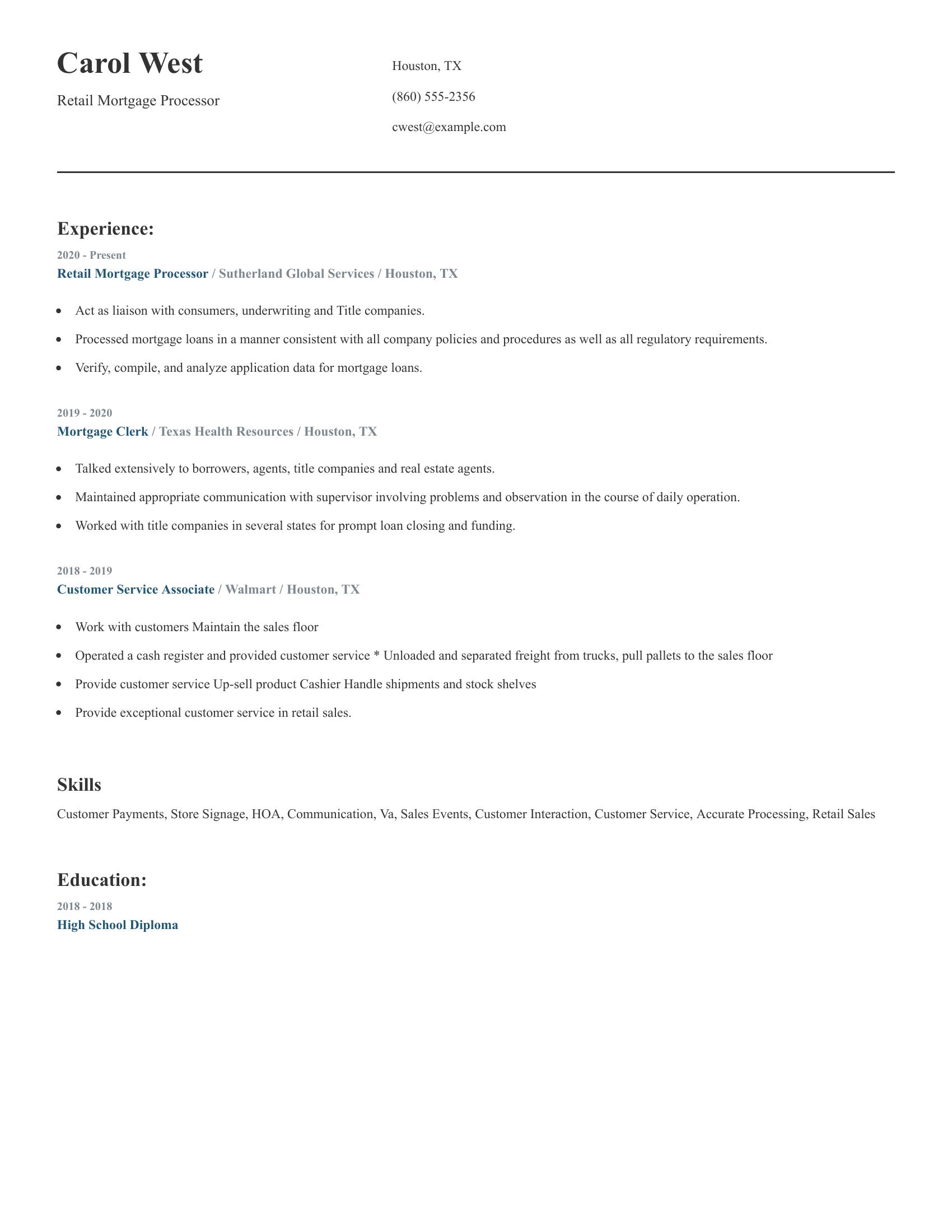 Retail Mortgage Processor resume example