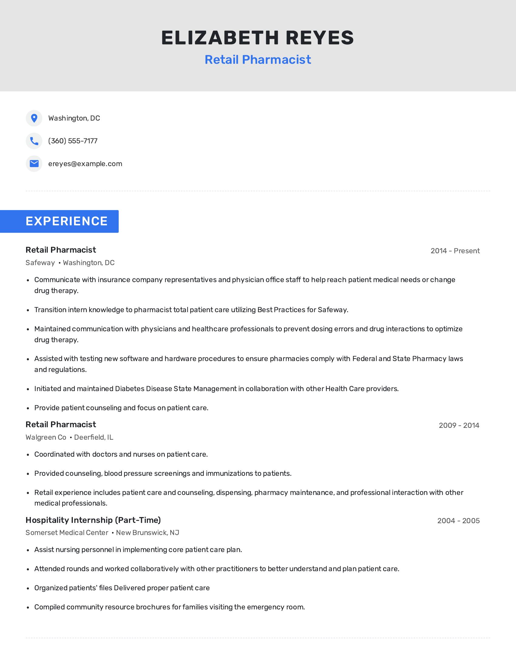 Retail Pharmacist resume example